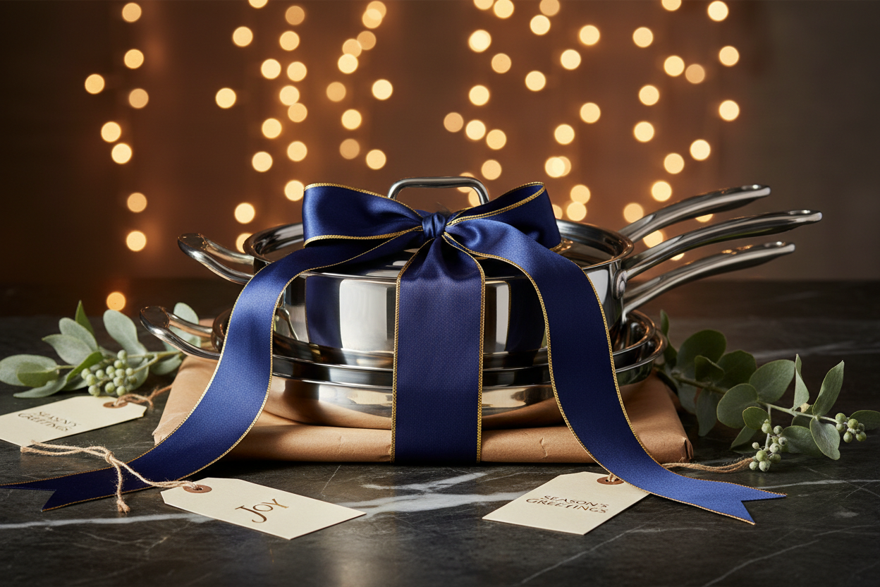 Shiny pots and pans tied with a blue ribbon sit on a wrapped package, with gift tags and greenery, against a backdrop of warm, blurred lights.
