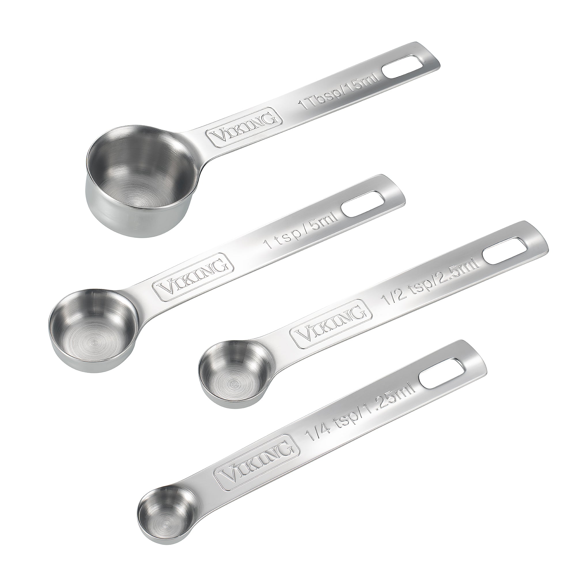 The Viking 4pc Stainless Steel Measuring Spoon Set from Viking Culinary Products features four nesting spoons labeled with measurements and brand name, arranged diagonally on a white background. They are dishwasher safe for easy cleaning.
