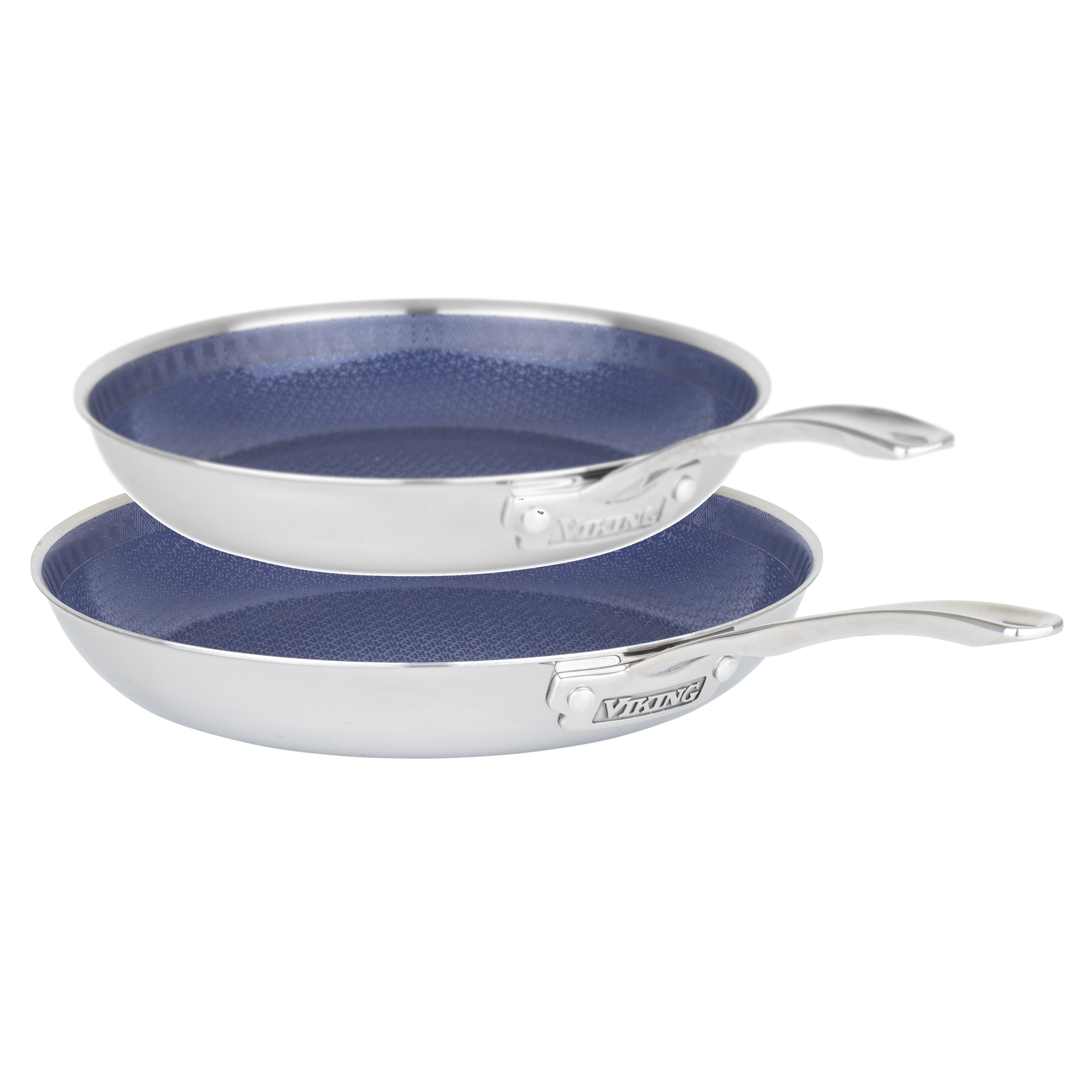 The Viking 3-Ply Hybrid Plus Ceramic 2 Pc Nonstick Fry Pan Set by Viking Culinary Products includes 9.5-inch and 11-inch stainless steel pans with blue nonstick interiors, curved handles, and induction capability.