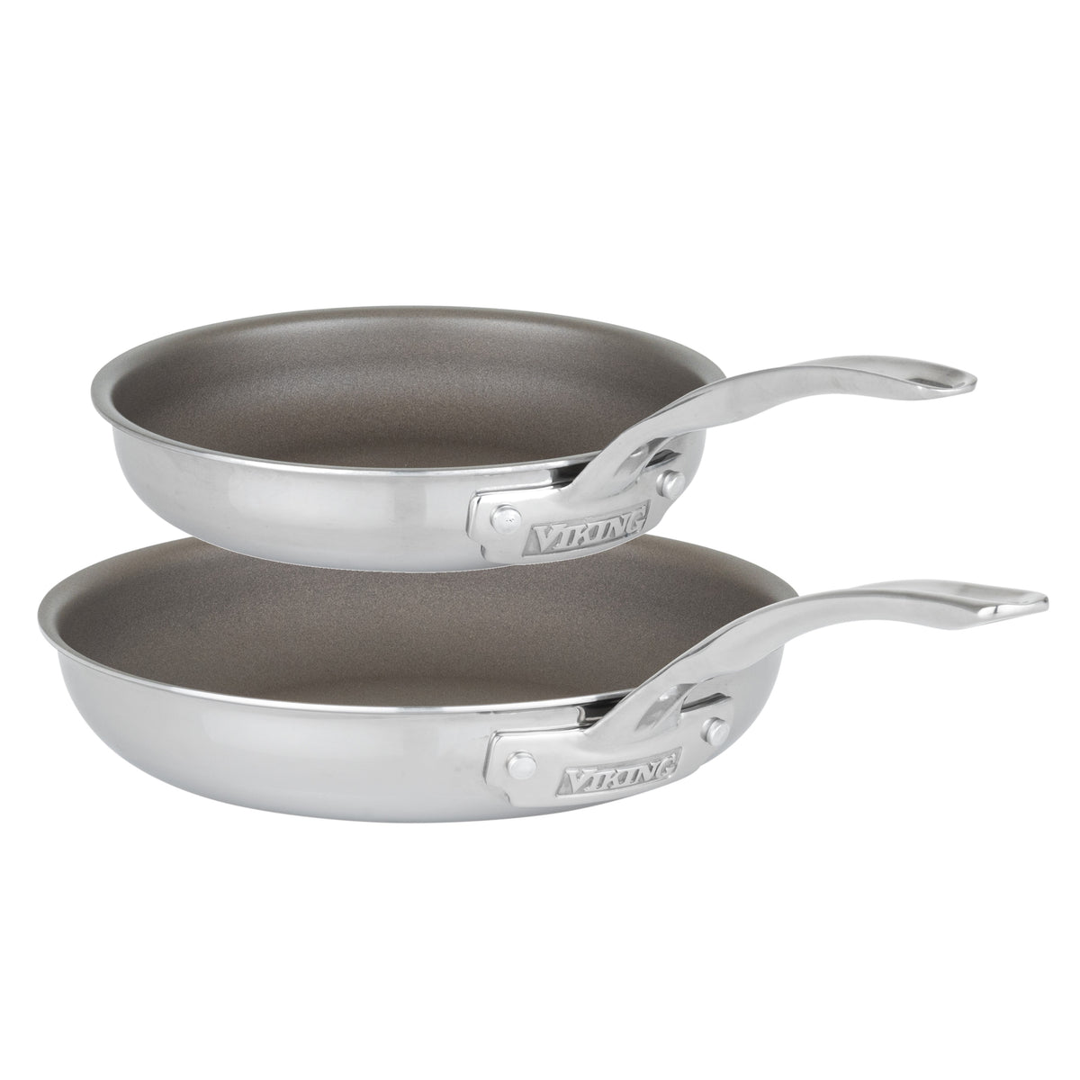 The Viking PureGlide Pro 3-Ply 2-Piece Fry Pan Set (9.5" and 11") from Viking Culinary Products features durable stainless steel with nonstick interiors and curved, engraved handles, combining quality and performance for easy cooking.