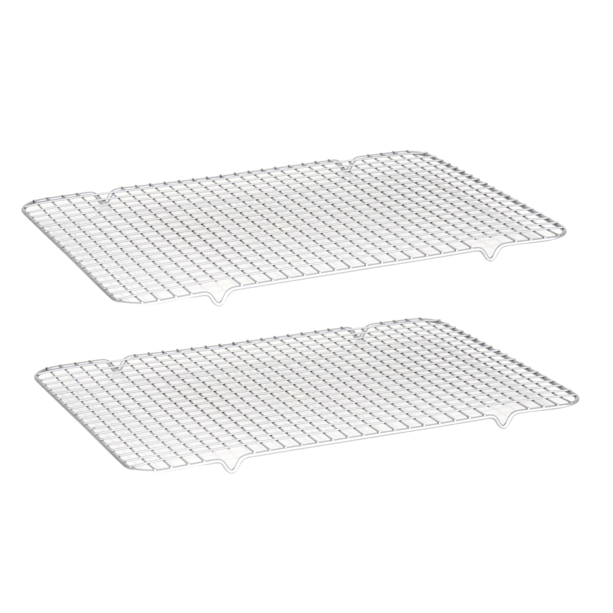 The Viking Culinary Products 2-pc Cooling Rack Set features durable rectangular metal racks with a grid design and small legs, designed to fit perfectly on your Viking 17-inch baking sheet.