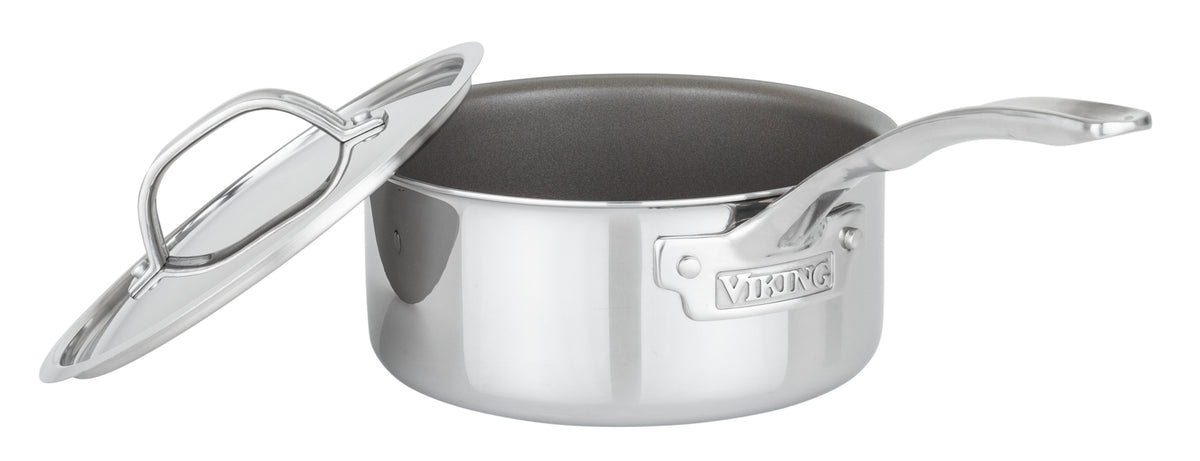 The Viking PureGlide Pro 3-Ply 2-Quart Sauce Pan from Viking Culinary Products features a matching metal lid, nonstick interior for healthy cooking, and a long handle embossed with “Viking.”.