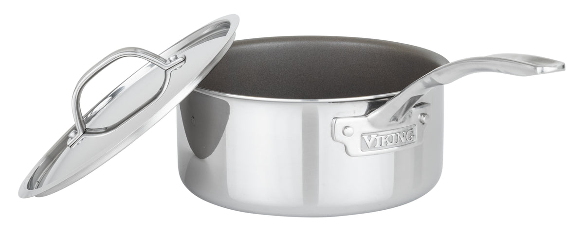 The Viking Culinary Products PureGlide Pro 3-Ply 3-Quart Sauce Pan with metal lid features a sleek stainless steel design, long handle, and branded plate—an essential cookware piece for every modern kitchen.