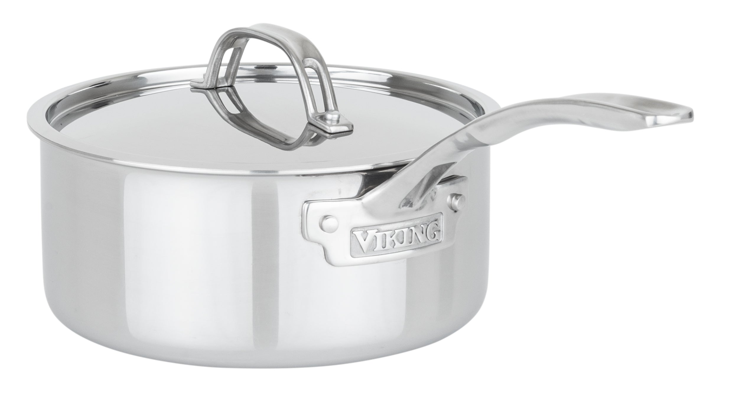 The Viking PureGlide Pro 3-Ply 3-Quart Sauce Pan with Metal Lid by Viking Culinary Products features stainless steel construction, a sturdy handle, and the brand name embossed on the side for exceptional performance and durability.