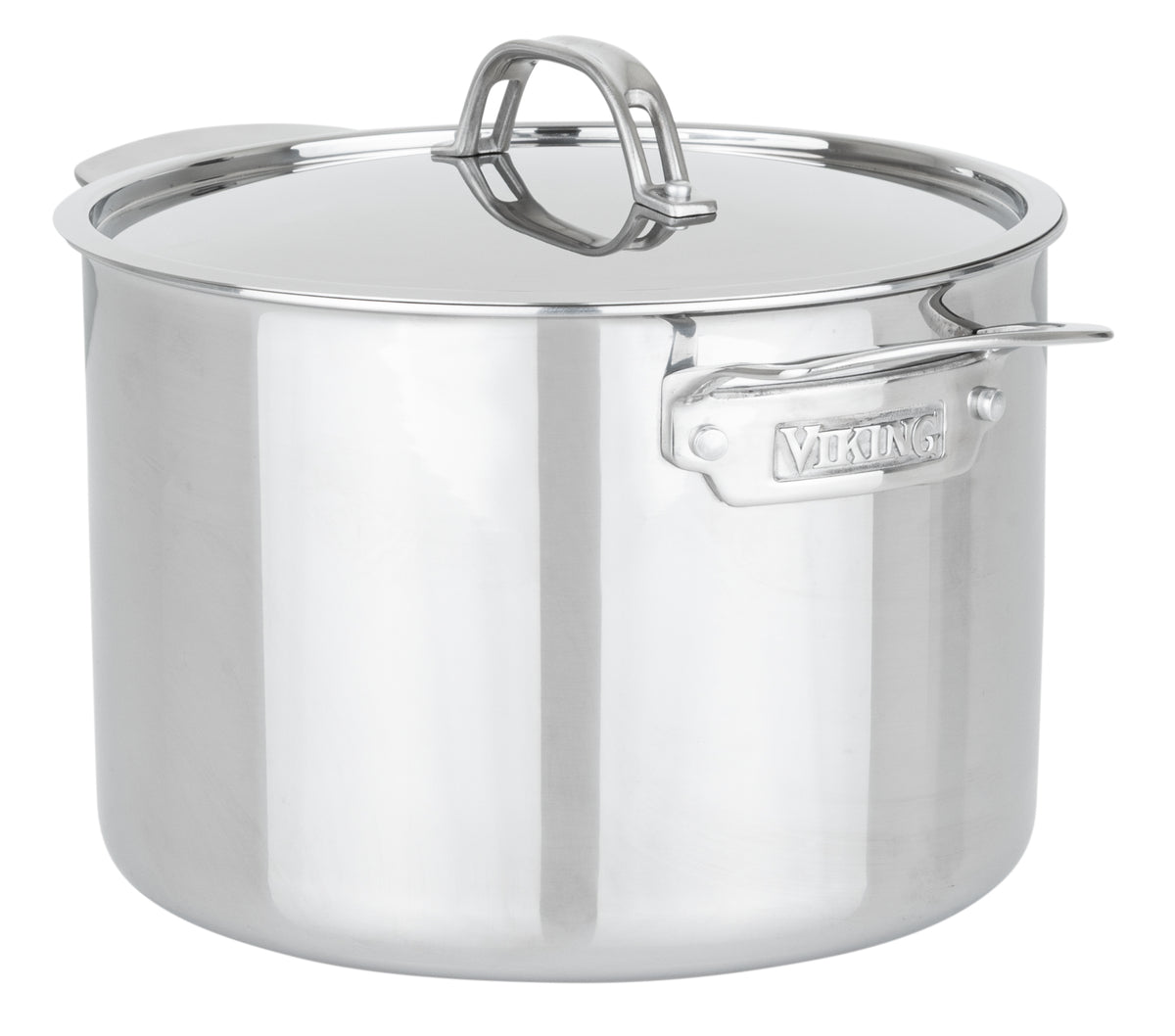 The Viking Culinary Products PureGlide Pro 3-Ply 8-Quart Stock Pot with a metal lid features sturdy handles, an embossed side handle, and a shiny stainless steel nonstick finish, set against a white background.