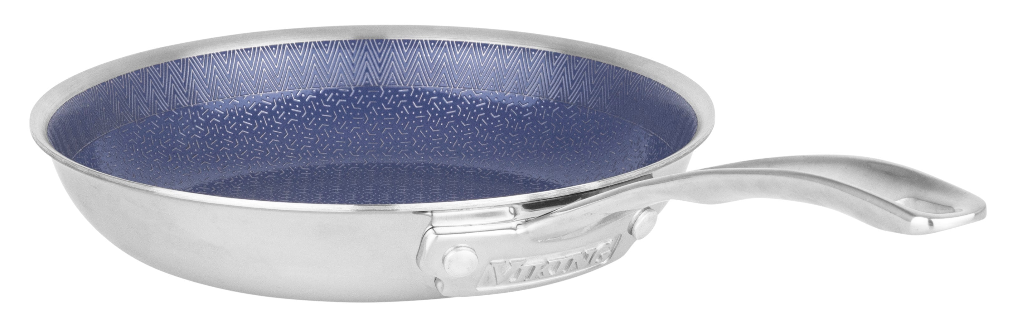 The Viking 3-Ply Hybrid Plus Ceramic 8-inch Nonstick Fry Pan by Viking Culinary Products features a blue nonstick interior, curved handle, and induction compatibility, shown on a white background.