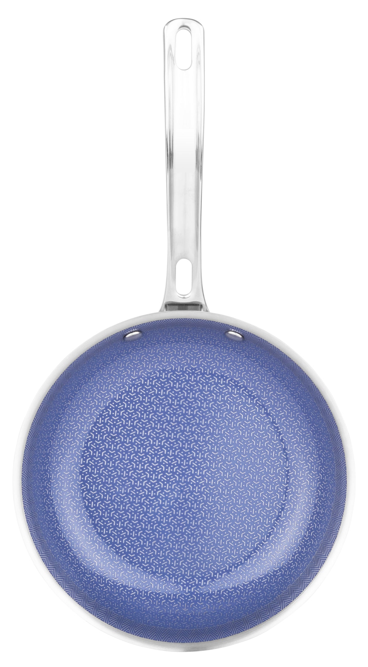 The Viking 3-Ply Hybrid Plus Ceramic 8-inch Nonstick Fry Pan by Viking Culinary Products features a blue geometric-patterned nonstick surface, induction-ready design, and a stainless steel handle with oval cutouts, shown from above on a white background.