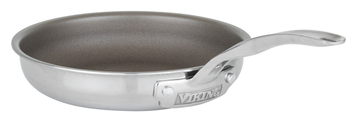 The Viking Culinary Products PureGlide Pro 3-Ply 8 Inch Fry Pan features a stainless steel body, curved handle branded with “Viking,” and nonstick interior for healthy cooking, displayed on a white background.