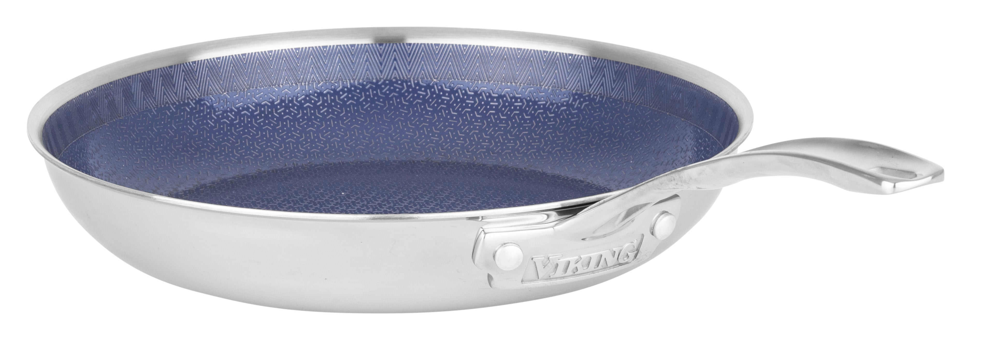 The Viking Culinary Products 3-Ply Hybrid Plus Ceramic 10-inch Nonstick Fry Pan features a blue nonstick interior, curved handle embossed with the brand, and is induction compatible for versatile kitchen use.