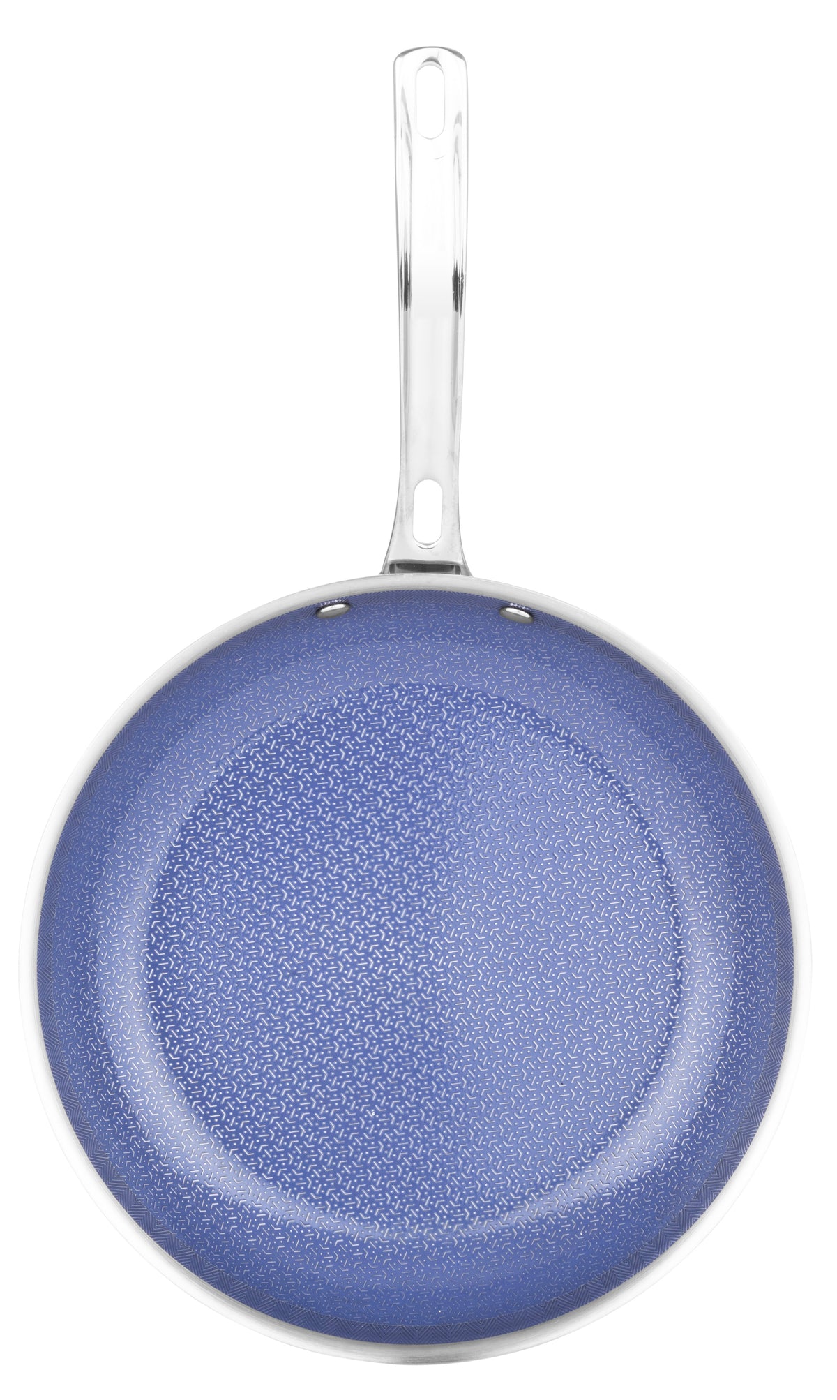 A top view of the Viking Culinary Products Viking 3-Ply Hybrid Plus Ceramic 10-inch Nonstick Fry Pan, featuring a textured blue nonstick surface and silver handle, isolated on a white background.