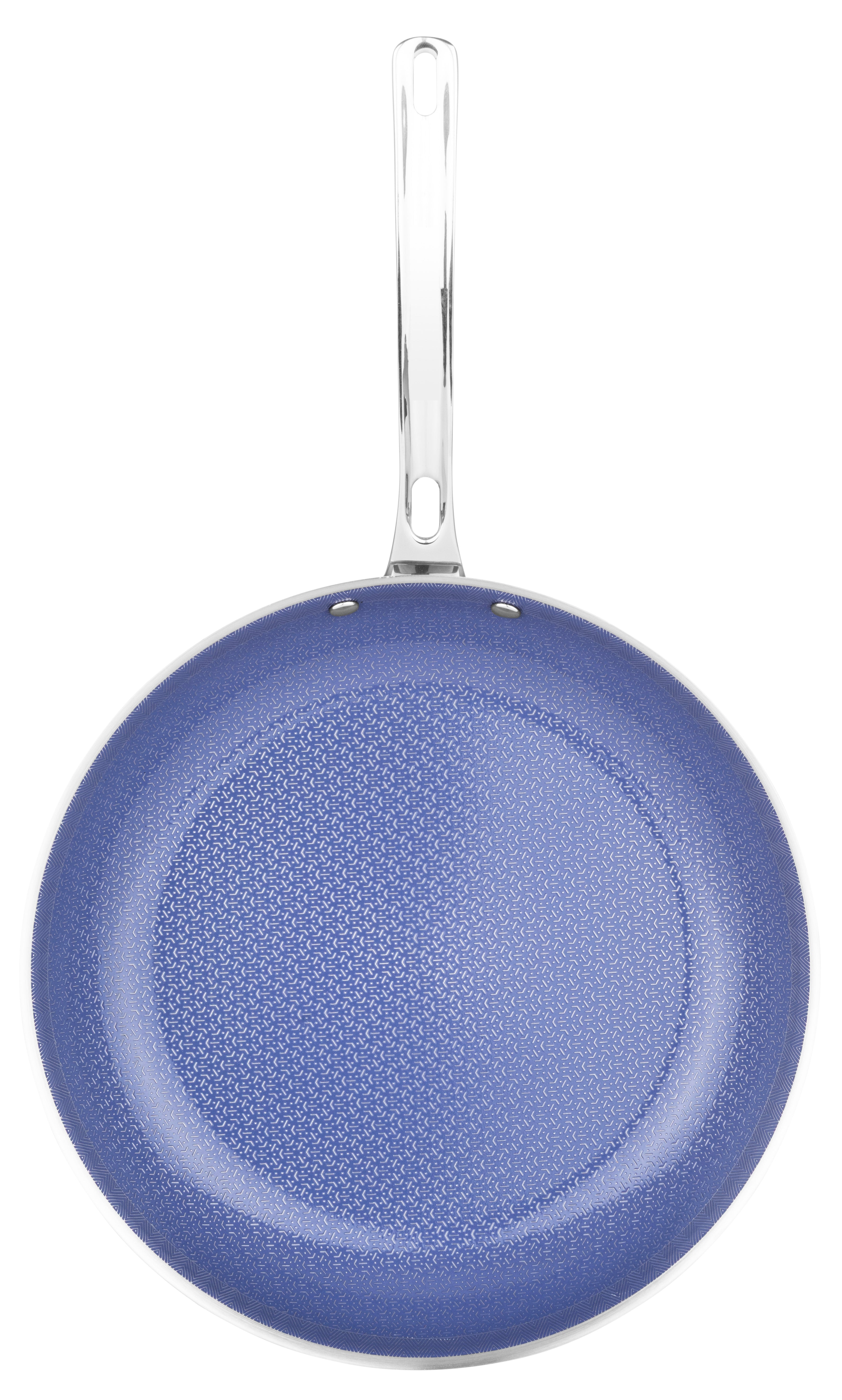 A top-down view of the Viking Culinary Products Viking 3-Ply Hybrid Plus Ceramic 12-inch Nonstick Fry Pan in blue, featuring a metallic handle and a subtly textured nonstick surface, set against a white background.