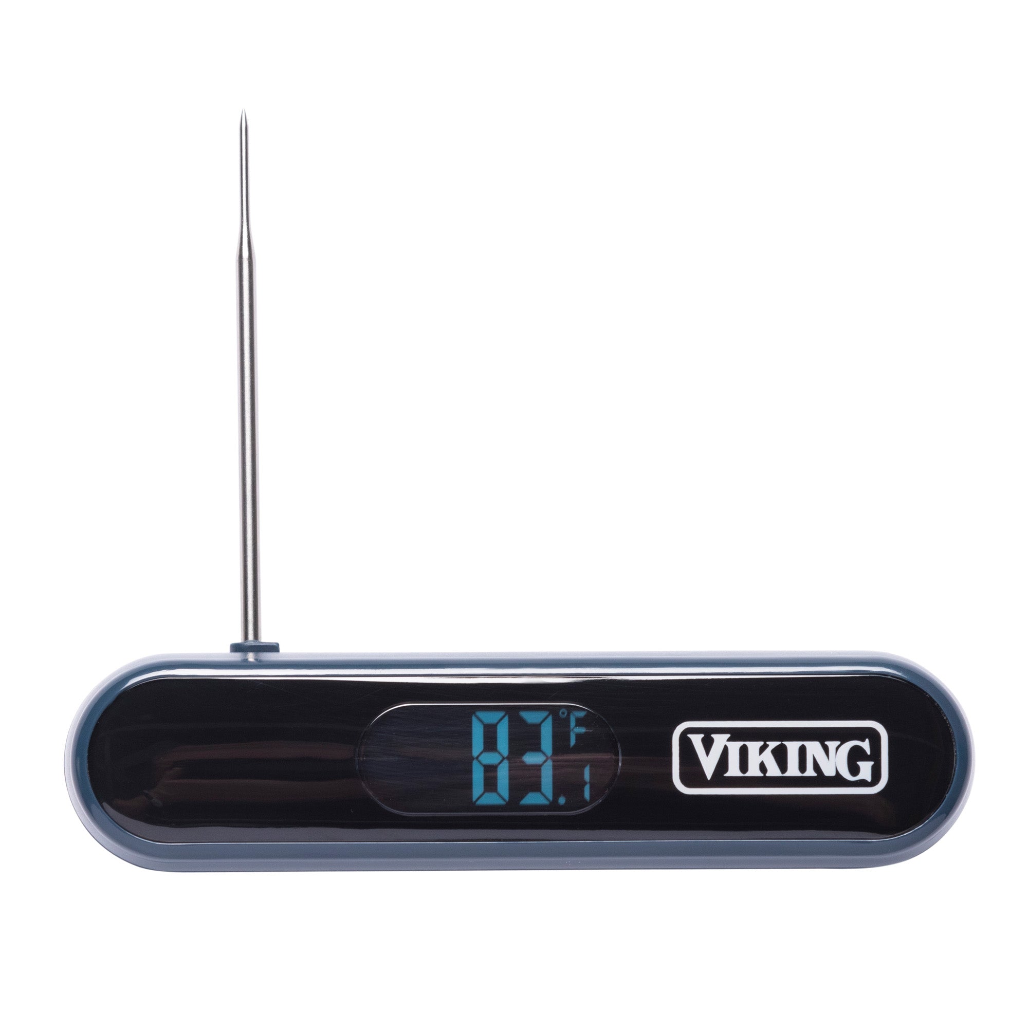The Viking 3-Ply Stainless Steel Roaster with Rack and Bonus Digital Thermometer by Viking Culinary Products features a blue-screen thermometer reading 83°F, ideal for precise roasting. The brand name is on the right side of the device.