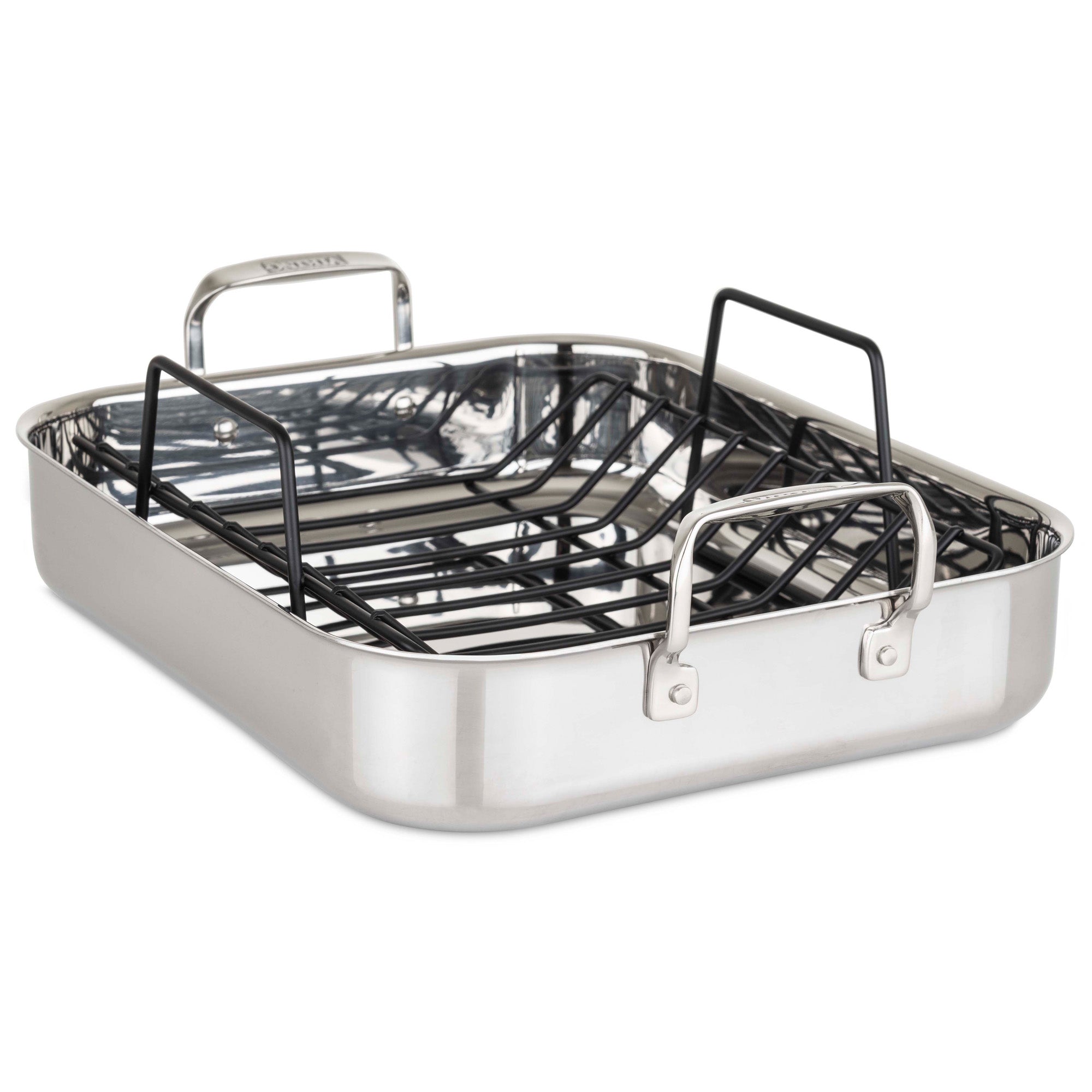 The Viking 3-Ply Stainless Steel Roaster from Viking Culinary Products includes a removable nonstick rack, two sturdy handles, a shiny finish, and comes with a bonus digital thermometer—ideal for perfectly roasting meats and poultry.