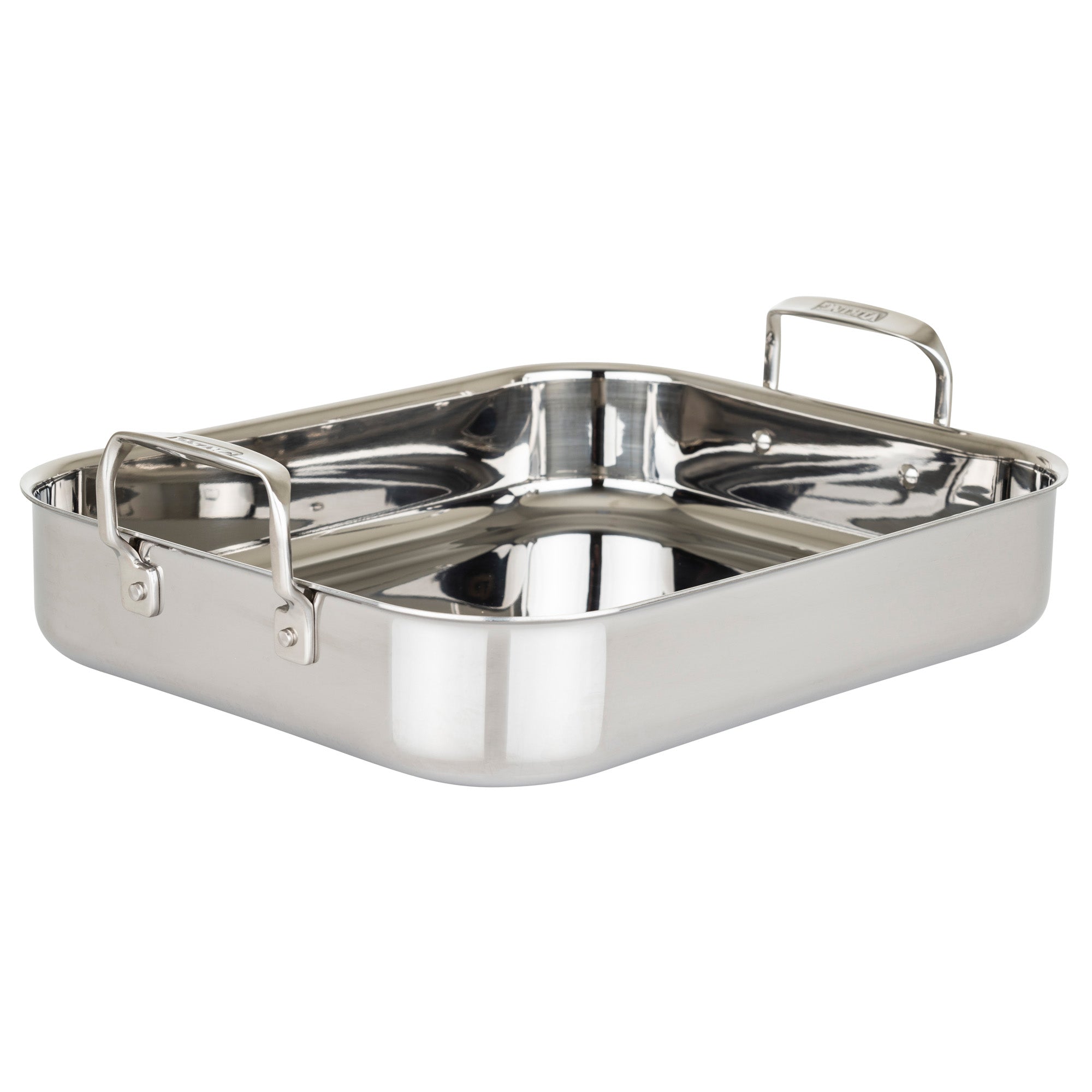 The Viking 3-Ply Stainless Steel Roaster by Viking Culinary Products features two sturdy handles, a shiny finish, rounded corners, a nonstick rack for easy roasting, and includes a bonus digital thermometer.