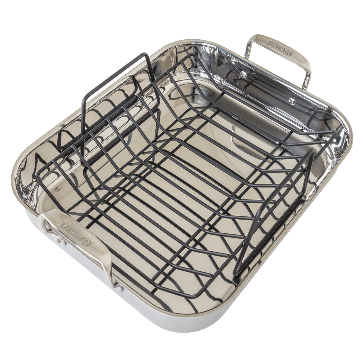 The Viking 3-Ply Stainless Steel Roaster by Viking Culinary Products features two large handles, a removable nonstick rack, and a bonus digital thermometer—ideal for roasting meats or vegetables in the oven.