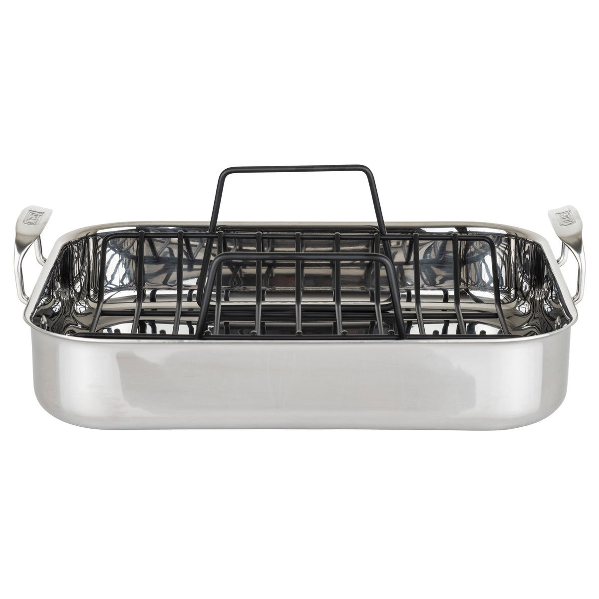The Viking Culinary Products 3-Ply Stainless Steel Roaster features two handles and a removable nonstick rack, shown from the front on a white background. Bonus: includes a digital thermometer.