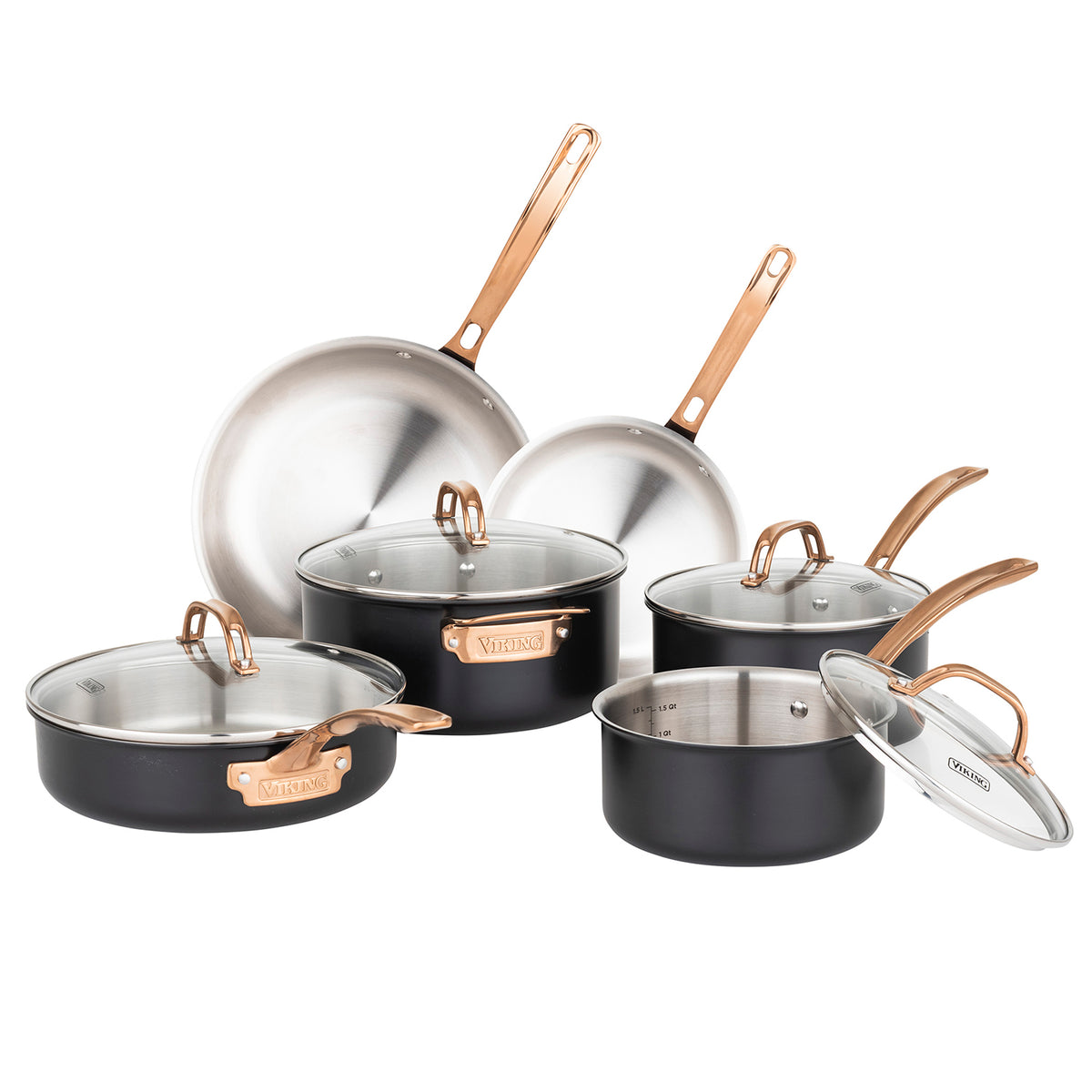 The Viking 10pc 3-Ply Black & Copper Stainless Steel Cookware Set by Viking Culinary Products features PFAS-free, induction-compatible pieces with copper handles, including frying pans, saucepans with lids, and a sauté pan, all shown on a white background.