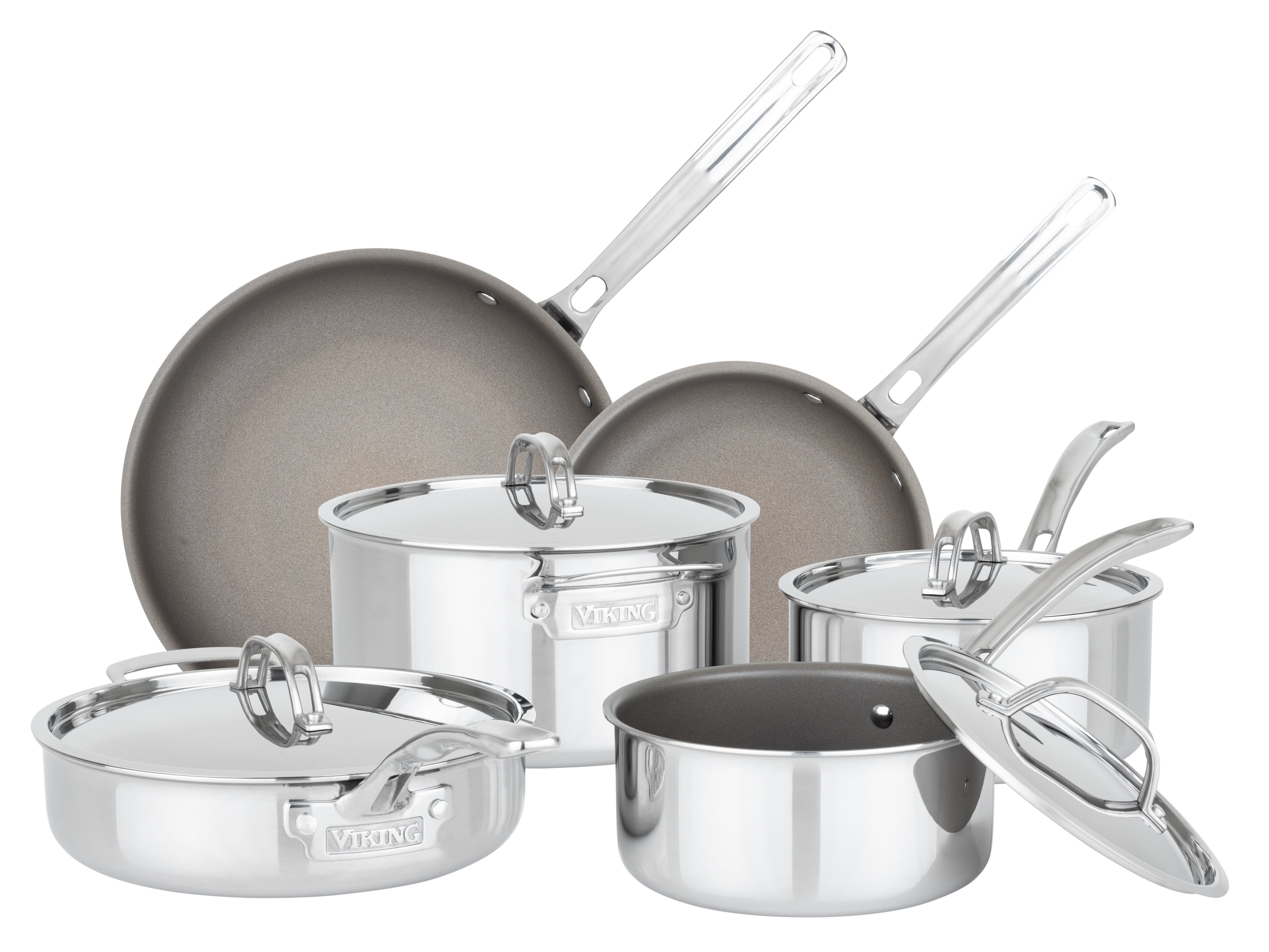 The Viking PureGlide Pro 3-Ply 10-Piece Cookware Set by Viking Culinary Products features stainless steel construction, two frying pans, three saucepans with lids, a sauté pan with lid, metal handles, and shiny exteriors for healthy cooking.