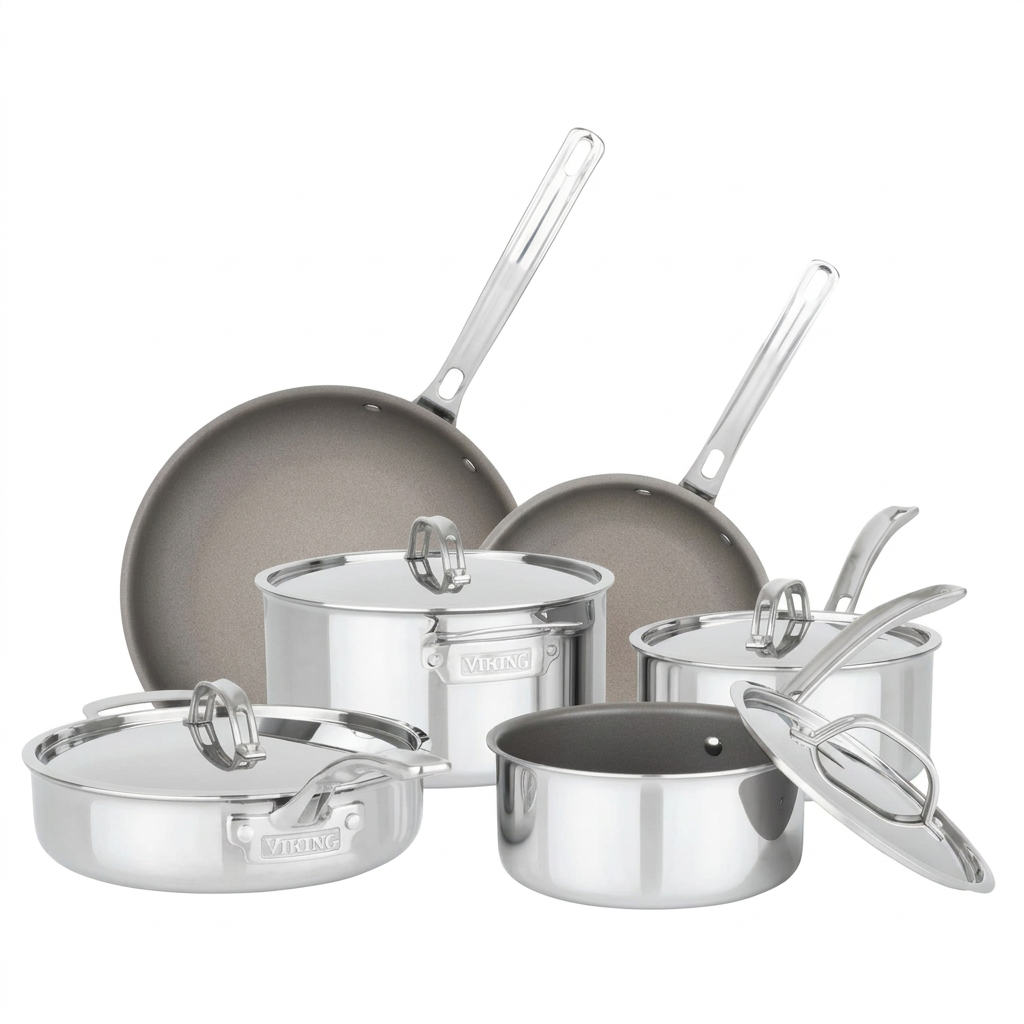 Viking PureGlide Pro 3-Ply 10-Piece Cookware Set featuring two frying pans, three saucepots with lids, and one sauté pan with a lid, crafted as PFAS-free stainless steel cookware.
