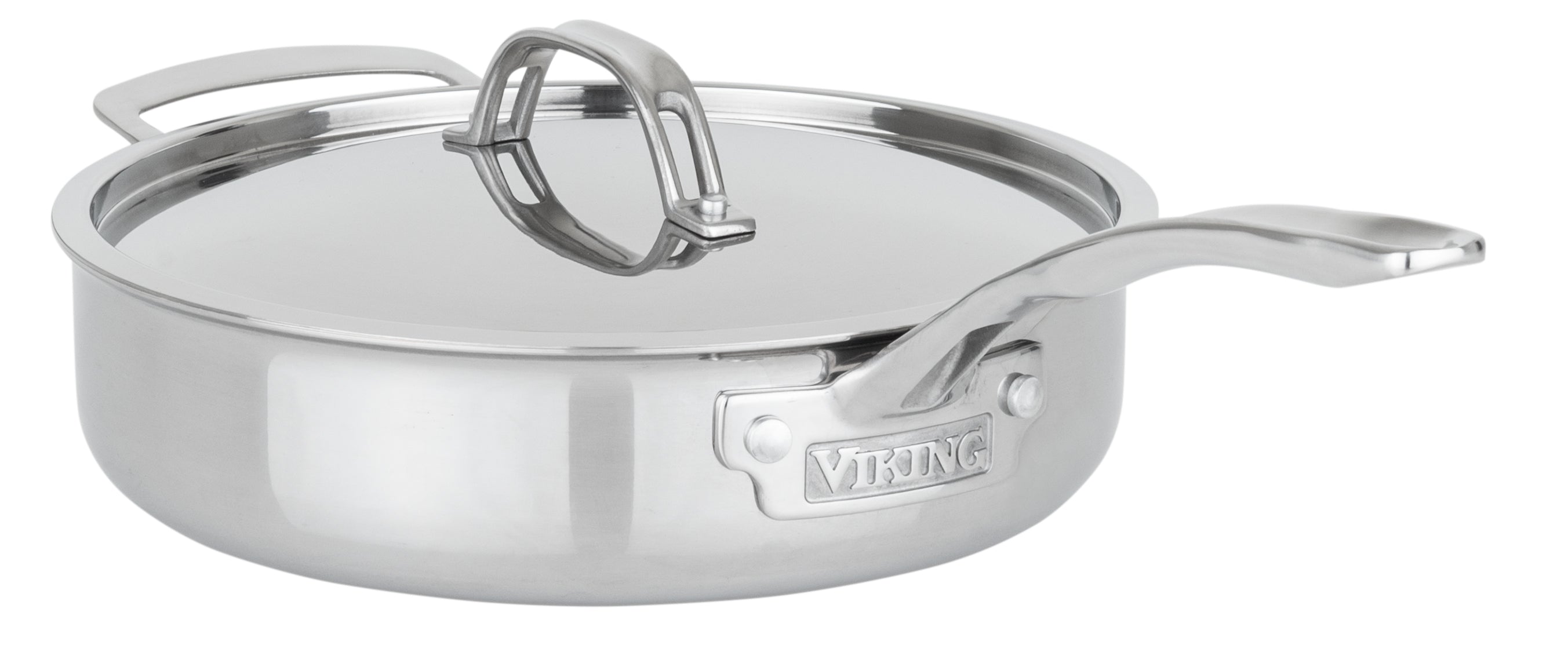 The Viking Culinary Products PureGlide Pro 3-Ply 4.5-Quart Saute Pan features a long handle, side handle, and metal lid—perfect for healthy cooking and shown against a white background.