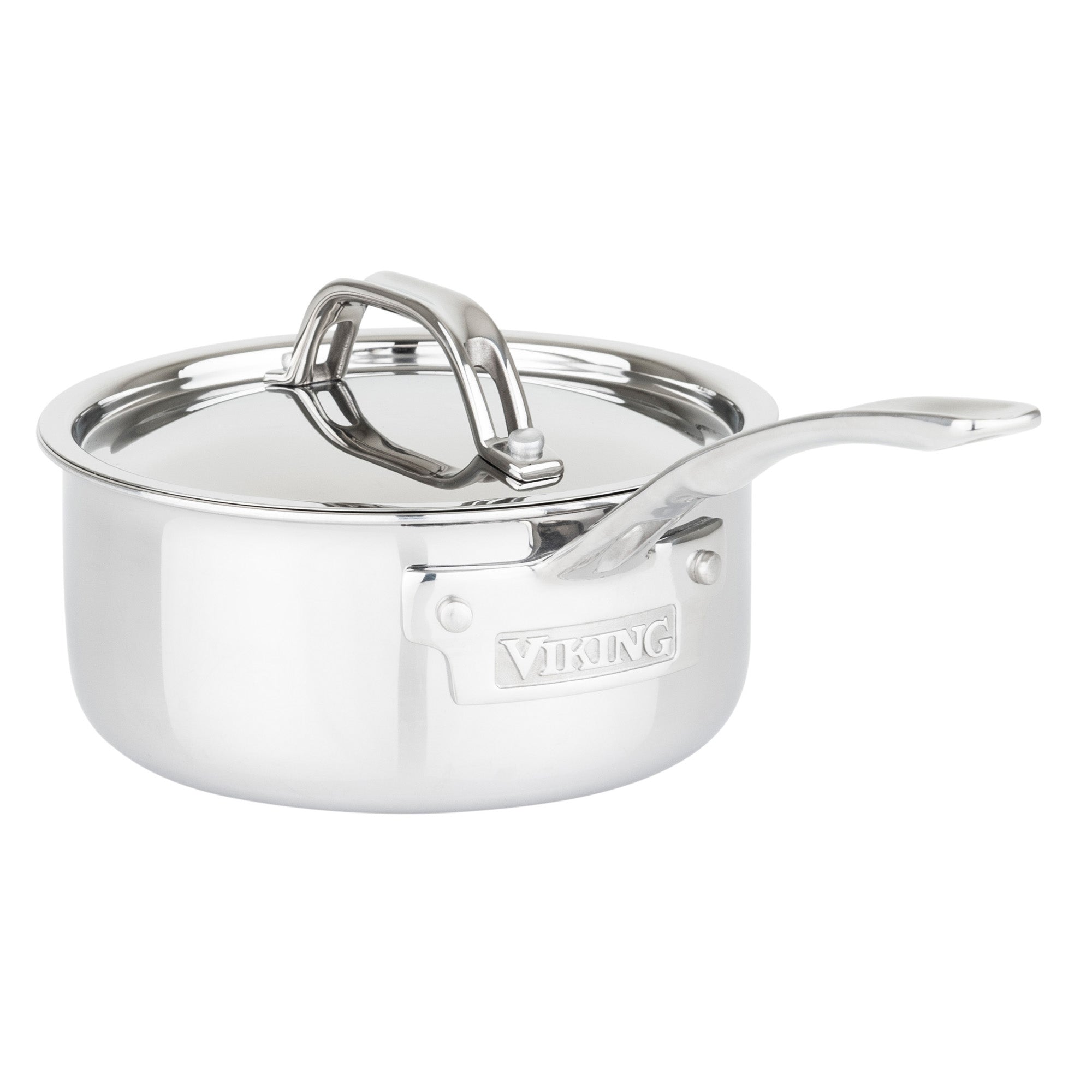 The Viking 3-Ply Stainless Steel 10-Piece Cookware Set with Metal Lids from Viking Culinary Products features durable 3-ply construction, stainless steel finish, and long handles, with the brand name engraved on a metal plate.