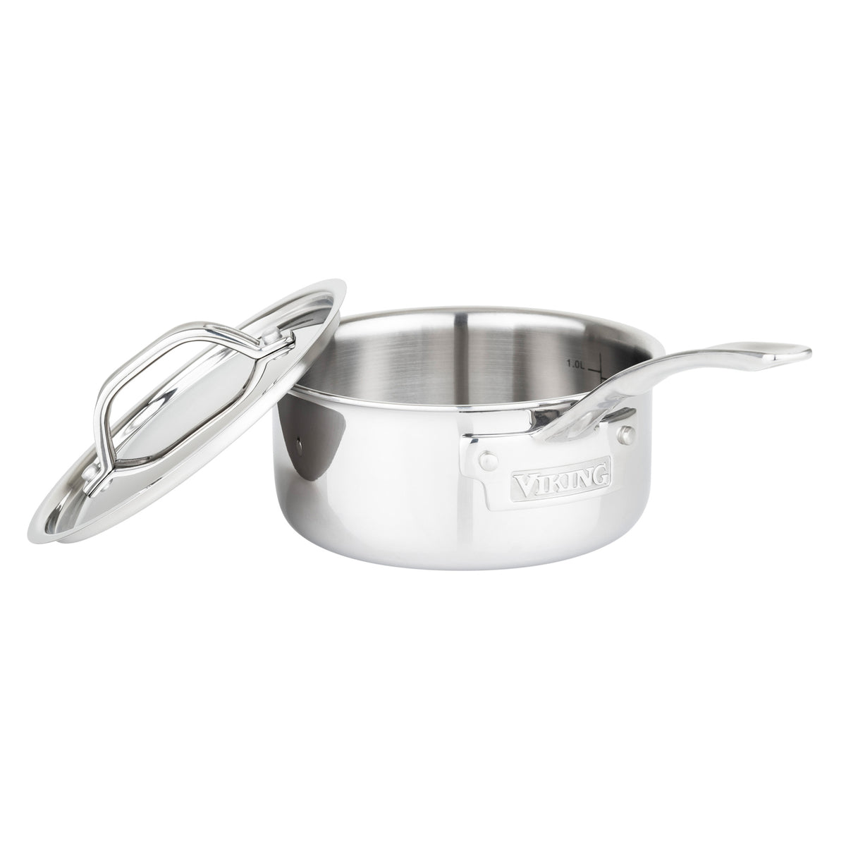 The Viking 3-Ply Stainless Steel 10-Piece Cookware Set by Viking Culinary Products features metal lids, durable construction, and a sleek design with branded handles. Compatible with all cooking surfaces, it combines style and performance.