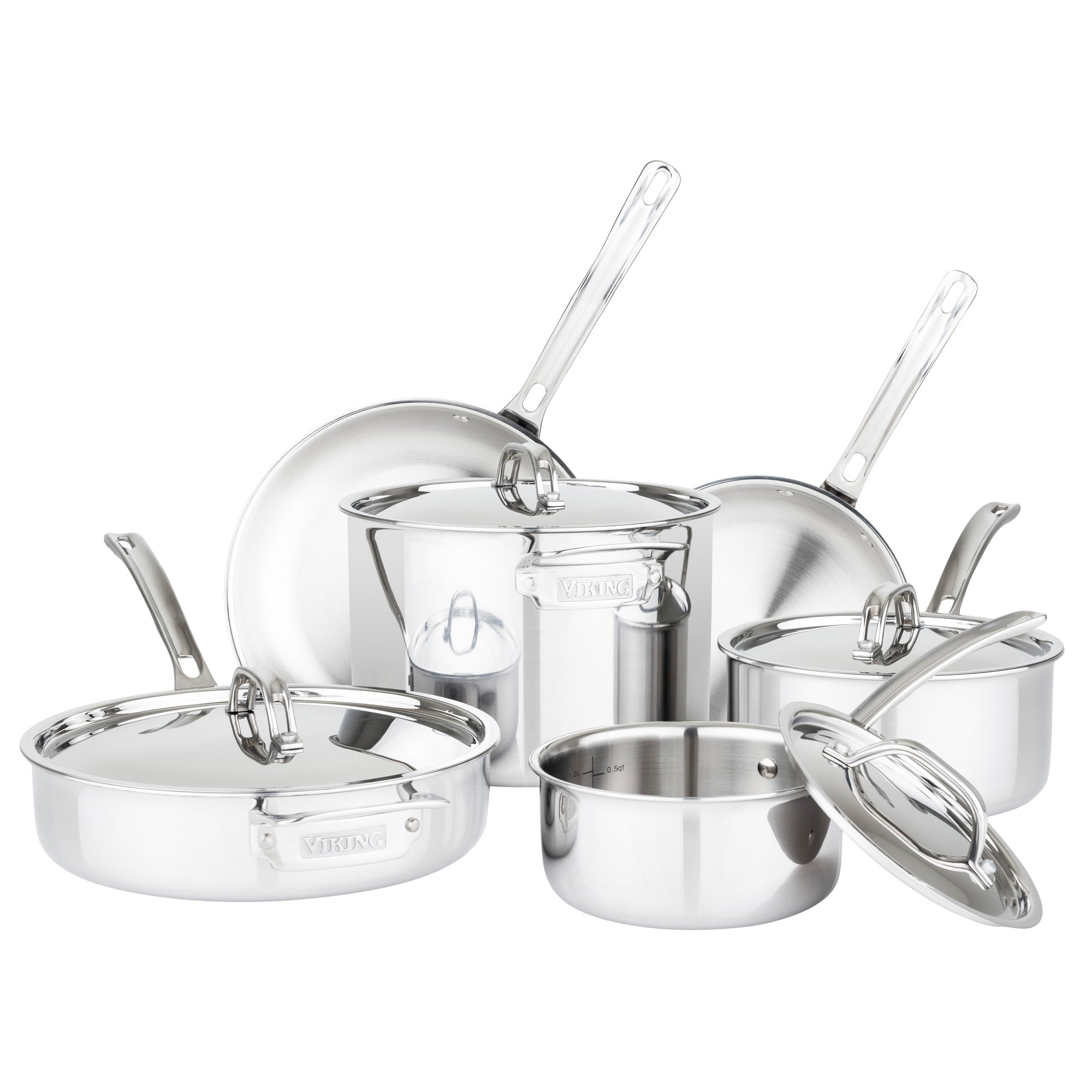 The Viking Culinary Products 3-Ply Stainless Steel 10-Piece Cookware Set features saucepans, sauté pans, and stockpots with metal lids and handles, arranged on a white background. Compatible with all cooking surfaces.