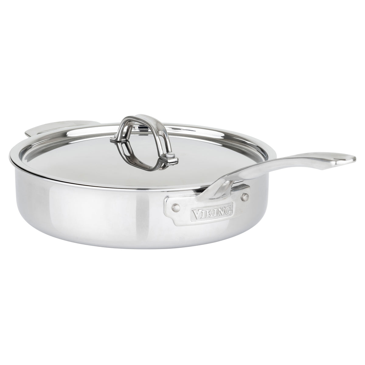 The Viking Culinary Products 3-Ply Stainless Steel 10-Piece Cookware Set features metal lids, a shiny modern design, and is compatible with all cooktops. Durable and stylish, each piece displays the Viking name on the side.