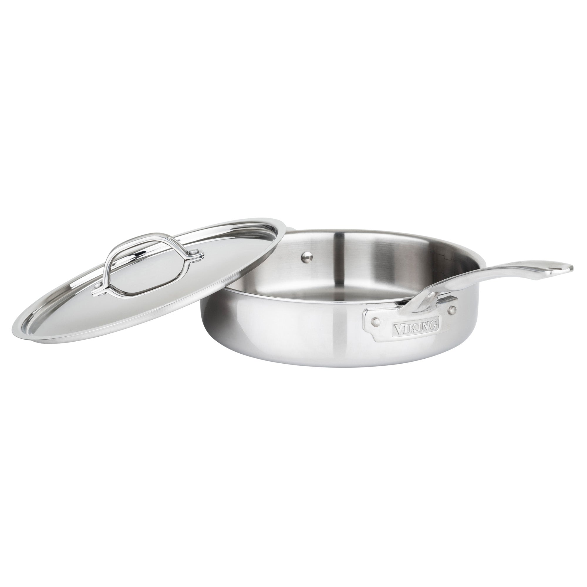 The Viking 3-Ply Stainless Steel 10-Piece Cookware Set by Viking Culinary Products features pieces with metal lids, long handles, and is compatible with all cooking surfaces; shown is a pan with its metal lid resting at an angle against a white background.