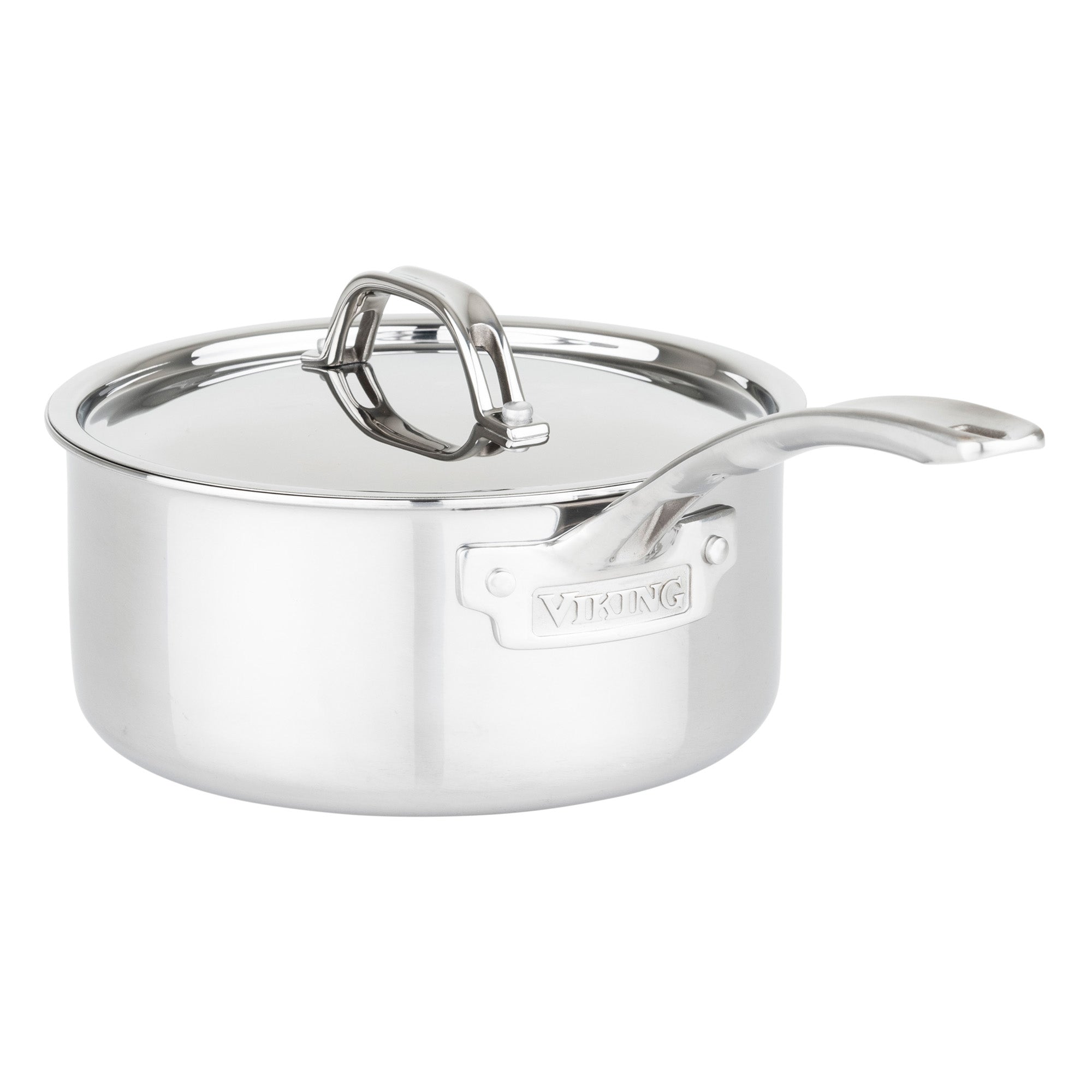 The Viking Culinary Products 3-Ply Stainless Steel 10-Piece Cookware Set features metal lids, long handles, and the Viking logo on a side plate. Its 3-ply construction ensures even heating and compatibility with all cooking surfaces.