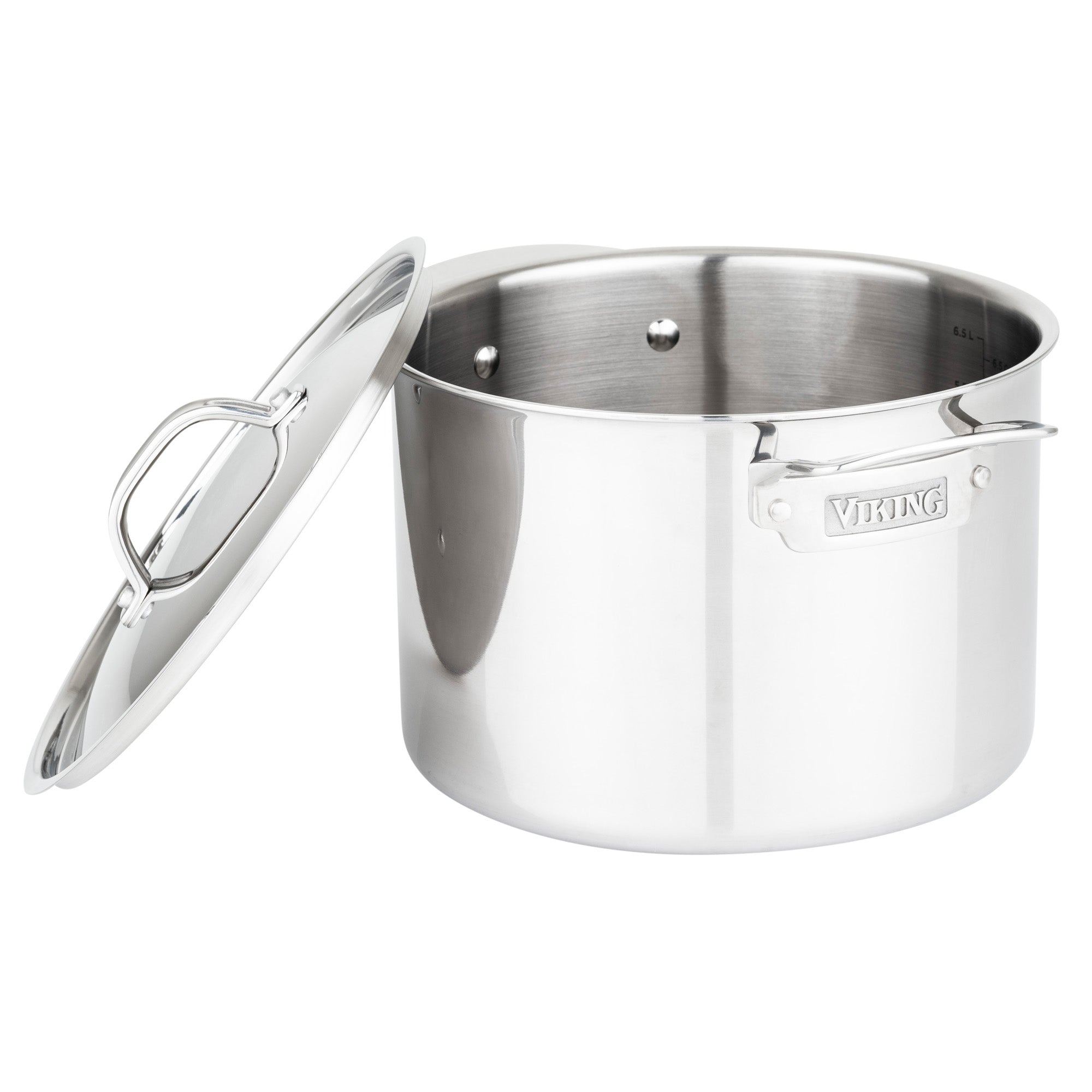 The Viking 3-Ply Stainless Steel 10-Piece Cookware Set by Viking Culinary Products features two handles, metal lids, and works on all cooking surfaces. The shiny pots handle is engraved with the brand name; its interior is clean and empty.