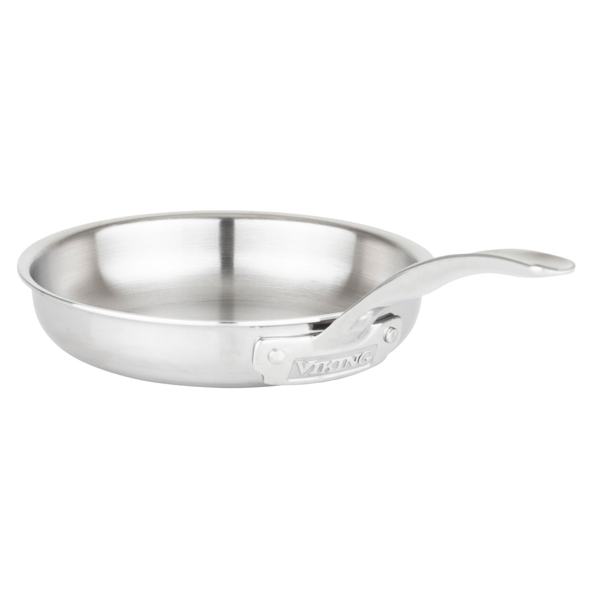 A side view of a clean, empty Viking Culinary Products 3-Ply Stainless Steel frying pan from the 10-Piece Cookware Set; it has a curved handle engraved “Viking” and is compatible with all cooking surfaces. Shown on a white background.