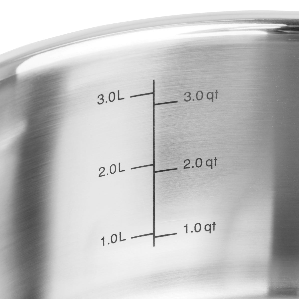 Close-up of a Viking 3-Ply Stainless Steel pot from Viking Culinary Products’ 15-piece cookware set, showing engraved inner wall measurement markings in liters (1.0L–3.0L) and quarts (1.0 qt–3.0 qt).