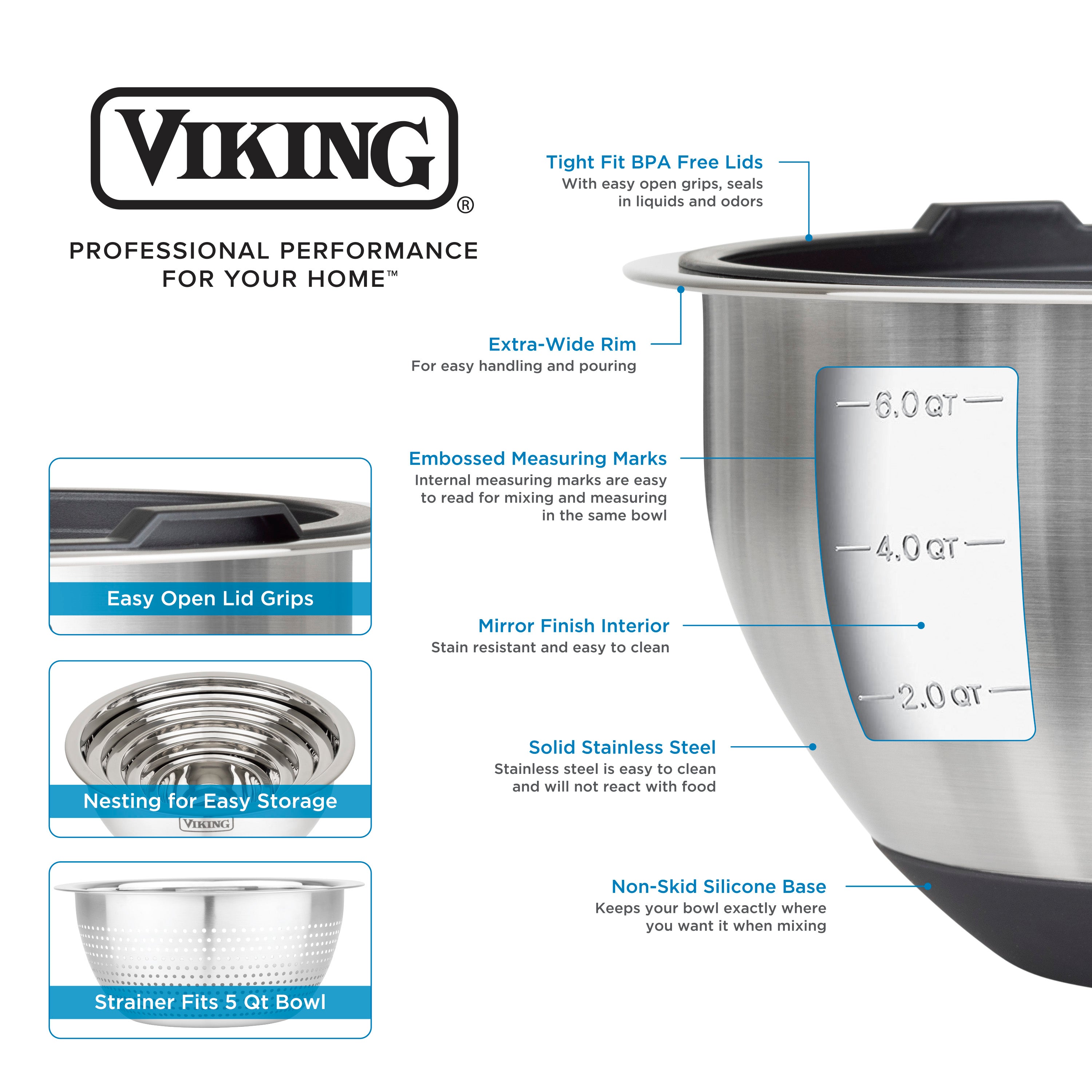 The Viking Culinary Products 9-Piece Stainless Steel Mixing Bowl Set with Strainer (Black) features embossed measurements, airtight lids, extra-wide rims, non-skid silicone bases, nesting design, and a durable mirror-finish interior.