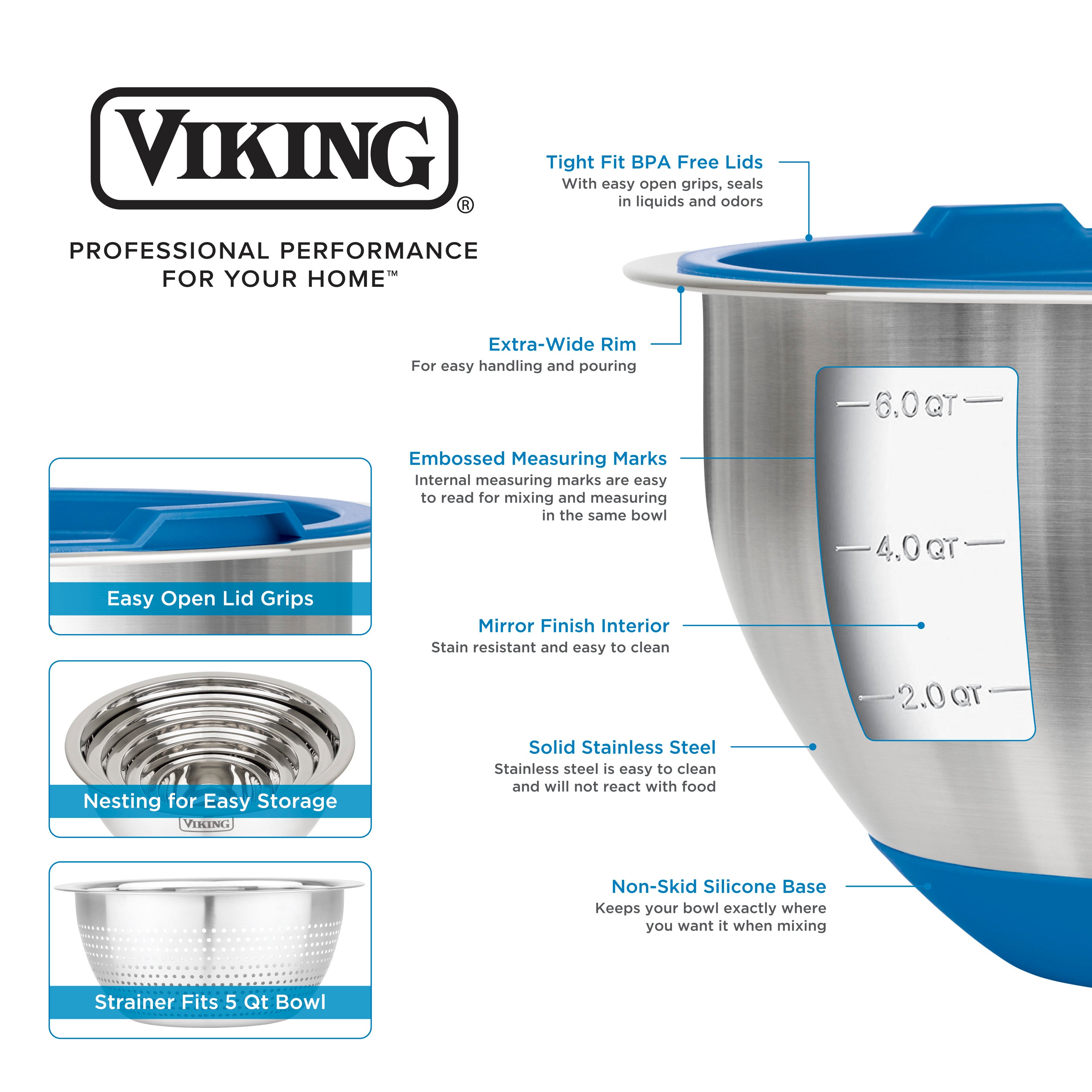 Close-up of the Viking Culinary Products 9-Piece Stainless Steel Mixing Bowl Set with Strainer, featuring embossed measurements, blue BPA-free airtight lids, extra-wide rims, non-skid silicone bases, easy-grip lids, and stackable bowls.