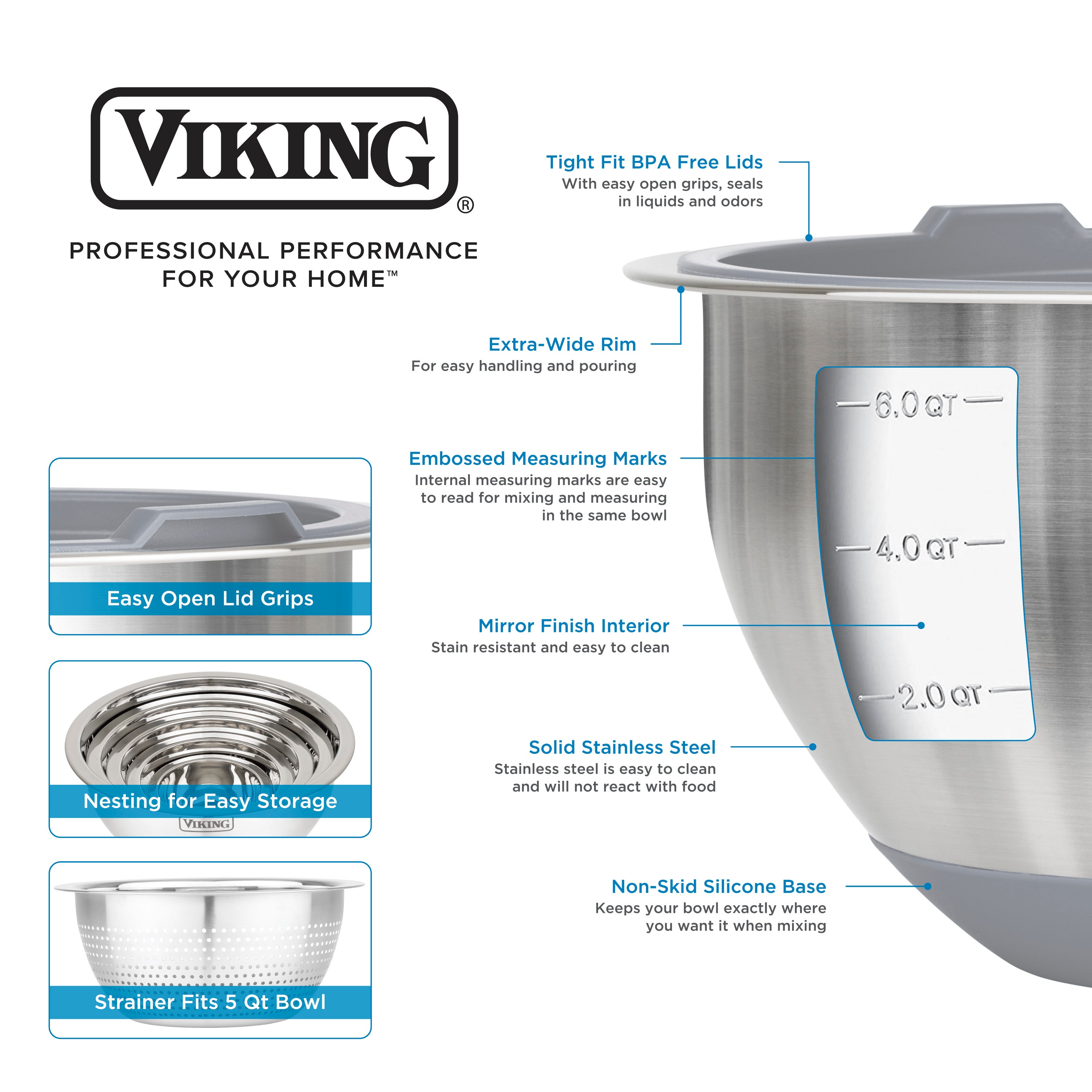 A labeled diagram of the Viking Culinary Products 9-Piece Stainless Steel Mixing Bowl Set with Strainer, Gray, featuring airtight lids, extra-wide rims, embossed measurements, mirror finish interiors, easy-open grips, nesting design, solid stainless steel & non-skid bases.