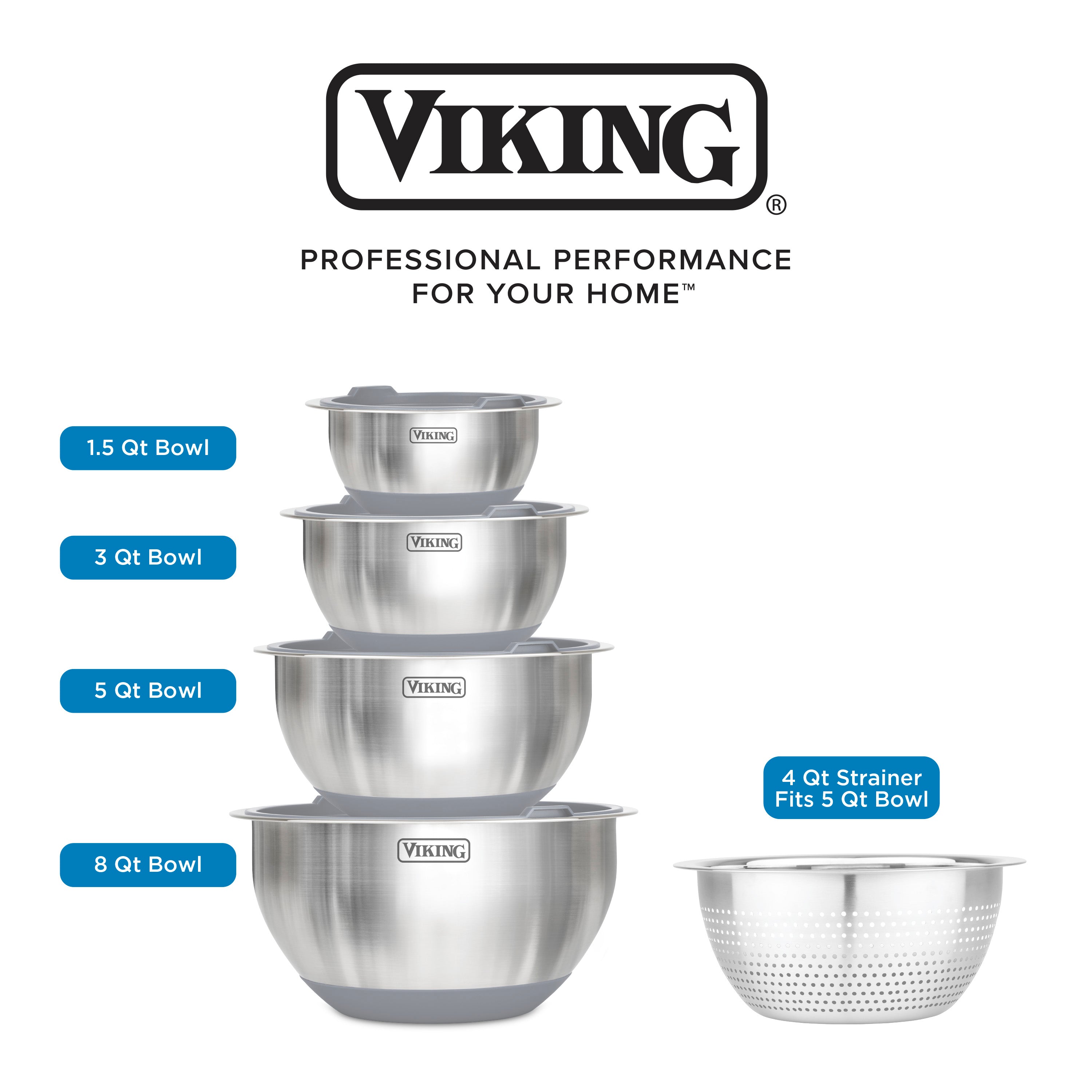 The Viking 9-Piece Stainless Steel Mixing Bowl Set with Strainer by Viking Culinary Products includes 1.5, 3, 5, and 8-quart bowls that nest for storage, a compatible strainer, and airtight lids to keep ingredients fresh.