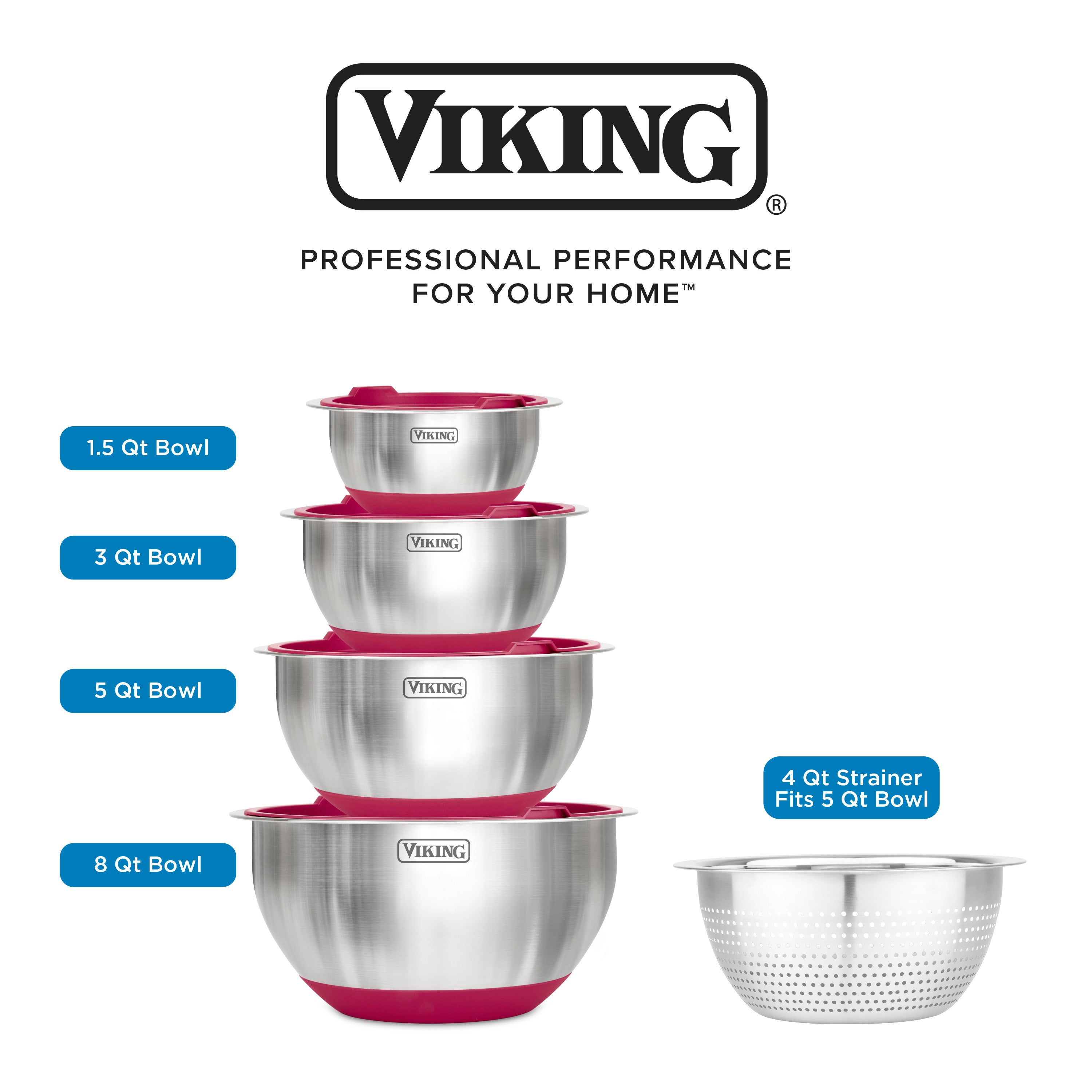 The Viking 9-Piece Stainless Steel Mixing Bowl Set with Strainer features 4 red-base bowls (1.5, 3, 5, and 8 qt) with airtight lids, stacked for compact storage, plus a strainer that fits the 5-qt bowl. Viking Culinary Products logo above.