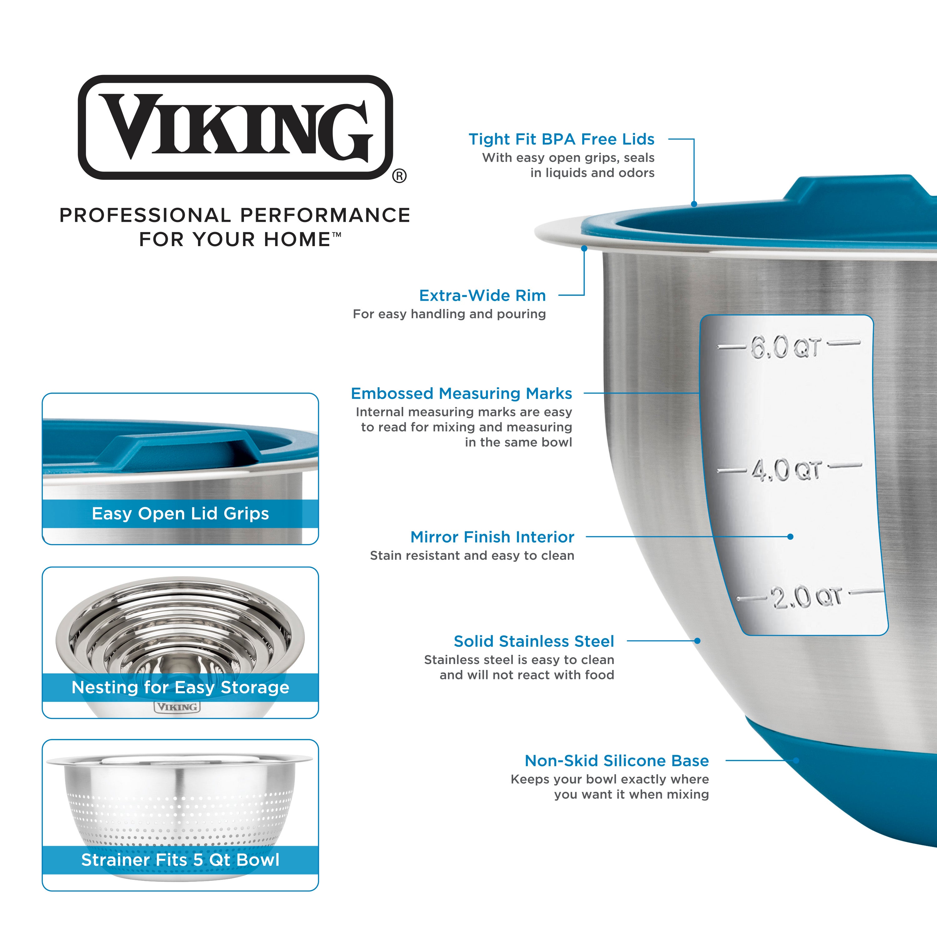 The Viking Culinary Products 9-Piece Stainless Steel Mixing Bowl Set with Strainer in teal features BPA-free airtight lids, blue non-skid silicone bases, extra-wide rims, embossed measurements, mirror finish, easy-open grips, and compact storage.