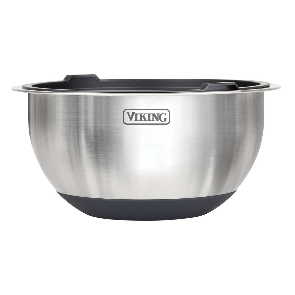 The Viking Culinary Products 8-Piece Stainless Steel Mixing Bowl Prep Set with Strainer and Cutting Lid in black features non-slip bases, black rims, and the Viking logo on each bowl. Ideal for versatile kitchen prep and pairing with lids.