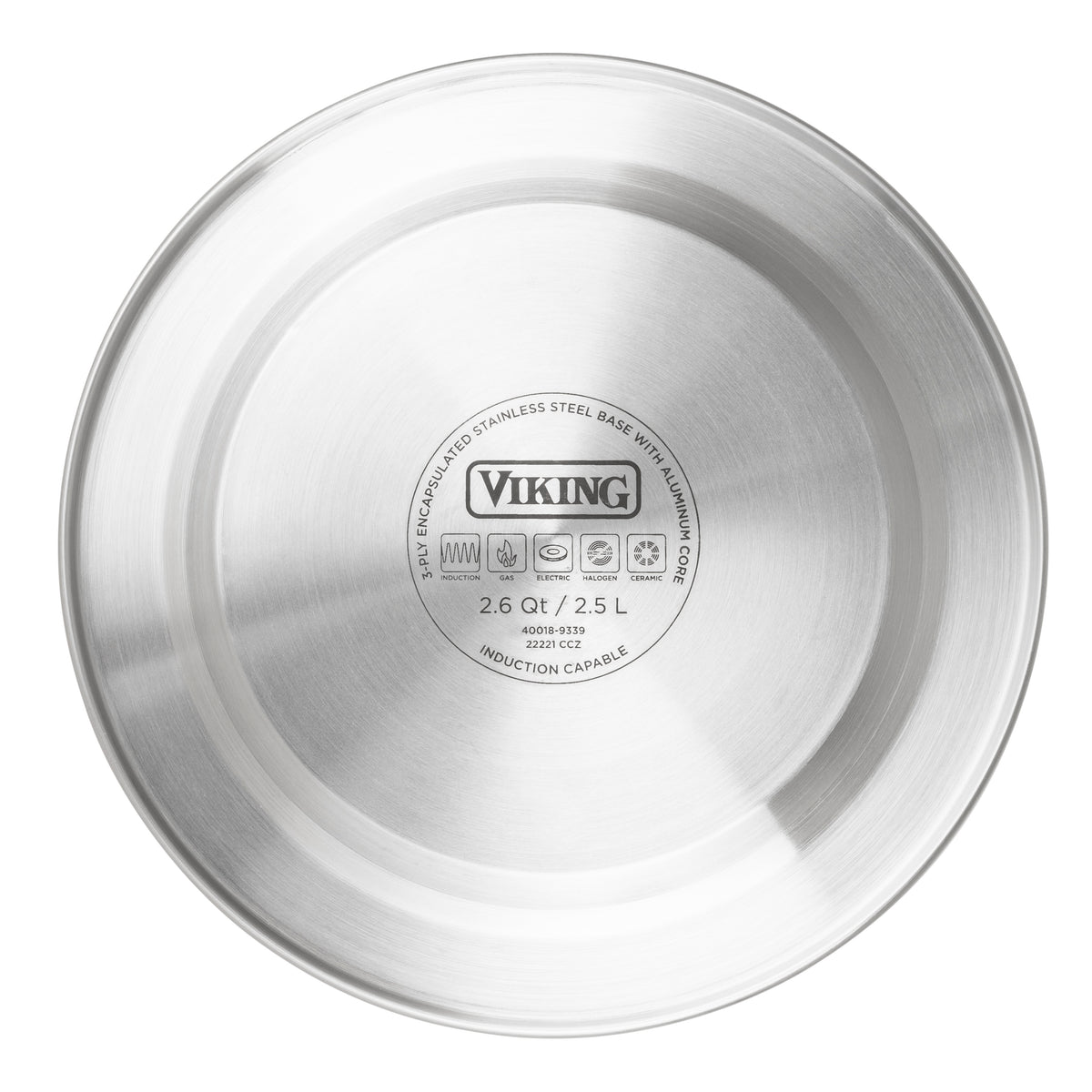The bottom of a stainless steel Viking cookware pan, showing engraved branding and specifications indicating its 2.6 quarts (2.5 liters) and induction capable.
