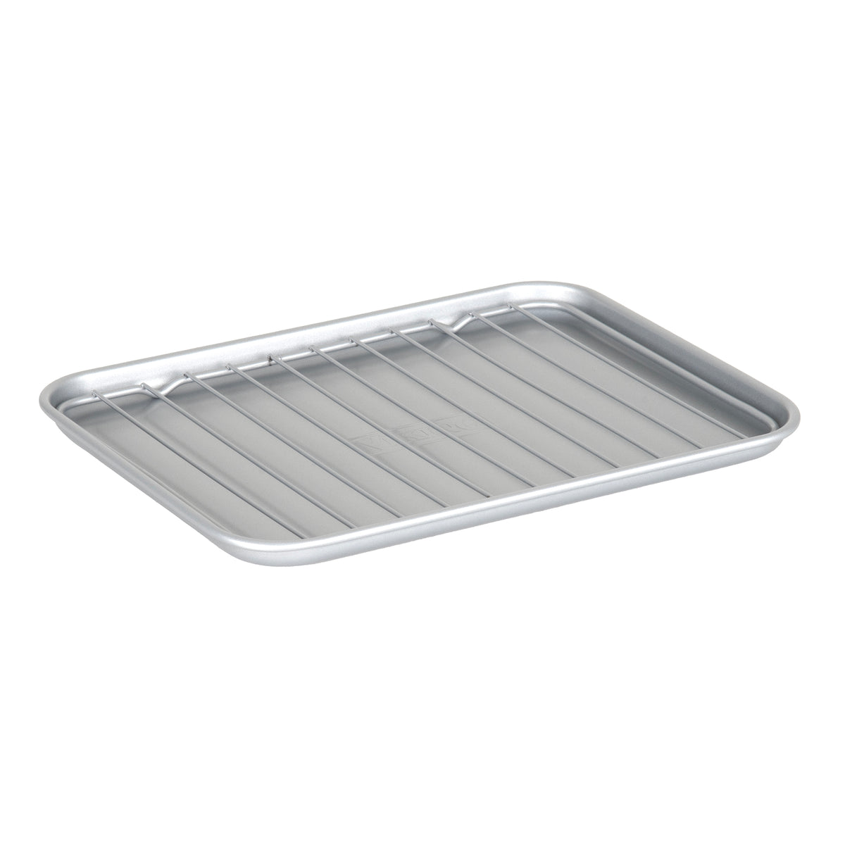 The Viking Aluminized Steel Nonstick Toaster Oven Roasting Pan with Rack by Viking Culinary Products features a rectangular silver tray with rounded edges and a shiny finish, ideal for roasting or cooling food as a toaster oven accessory.