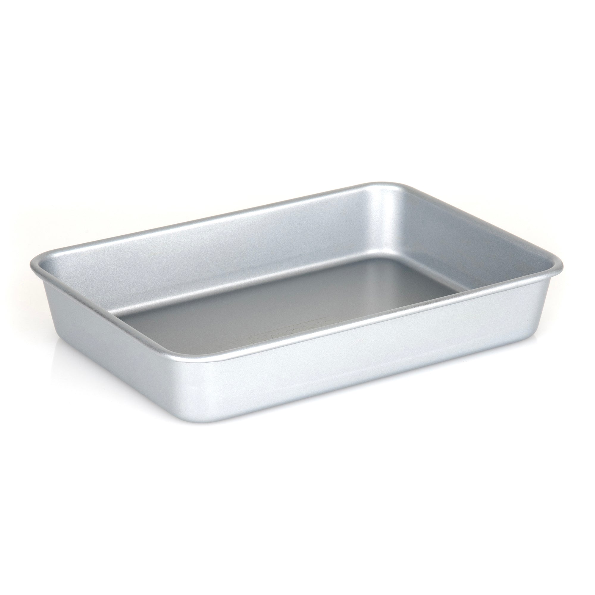 The Viking Aluminized Steel Nonstick 13" x 9" Roasting Pan by Viking Culinary Products, a silver rectangular commercial-grade pan with slightly rounded edges and sides, rests on a white background.