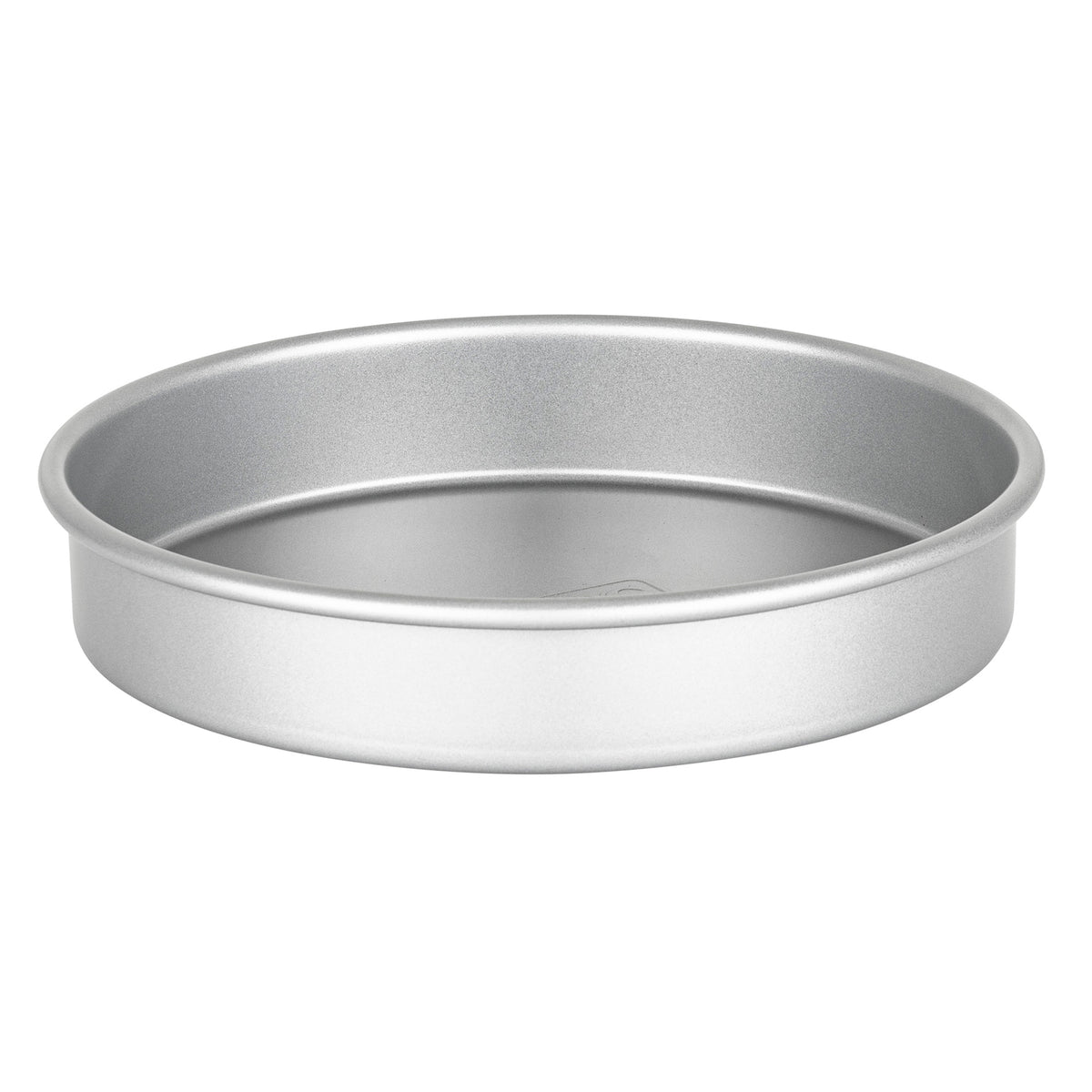 The Viking Aluminized Steel Nonstick 9-inch Round Cake Pan from Viking Culinary Products features a silver finish, straight sides, and flat base, as shown against a white background.