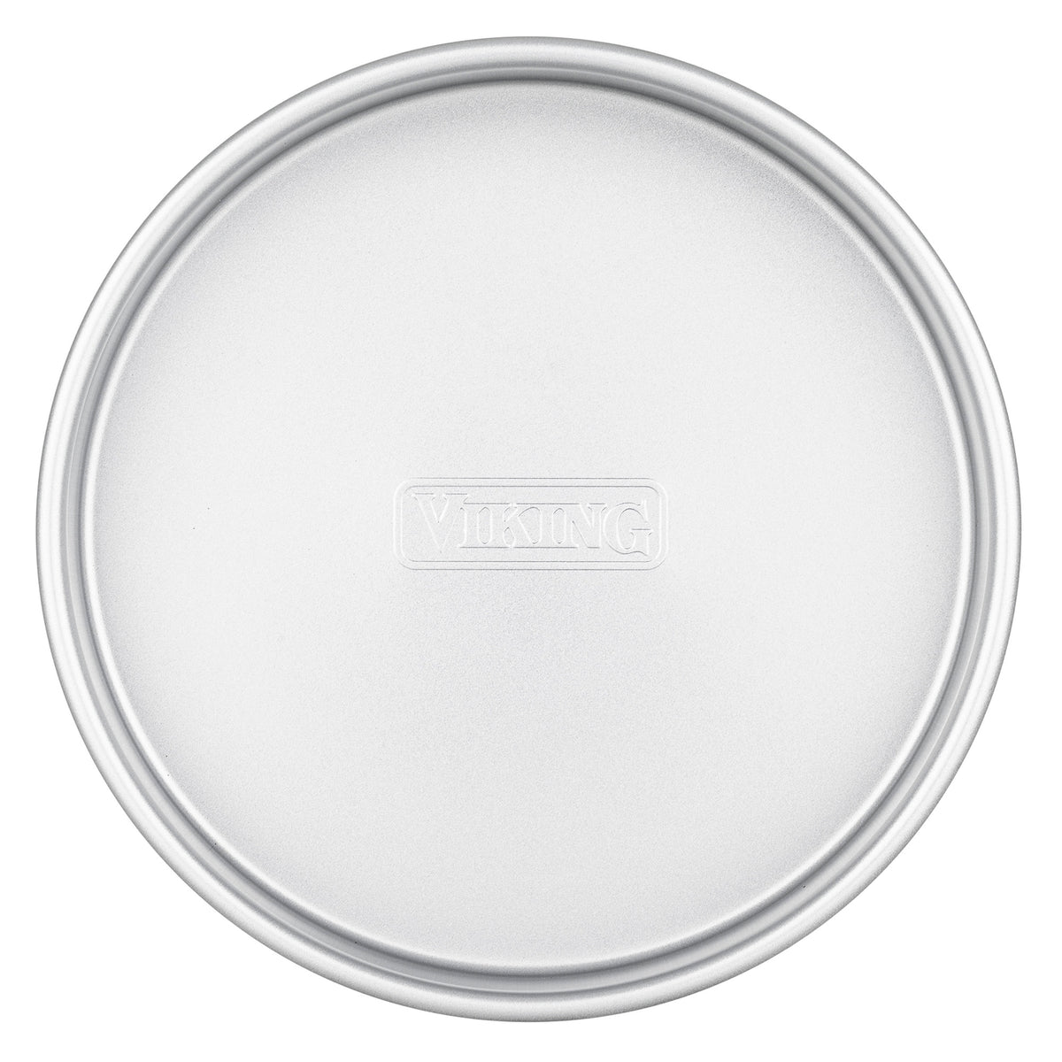 The Viking Aluminized Steel Nonstick 9-inch Round Cake Pan from Viking Culinary Products features a raised edge, a silver finish, and “VIKING” embossed in the center. It is crafted from durable aluminized steel.