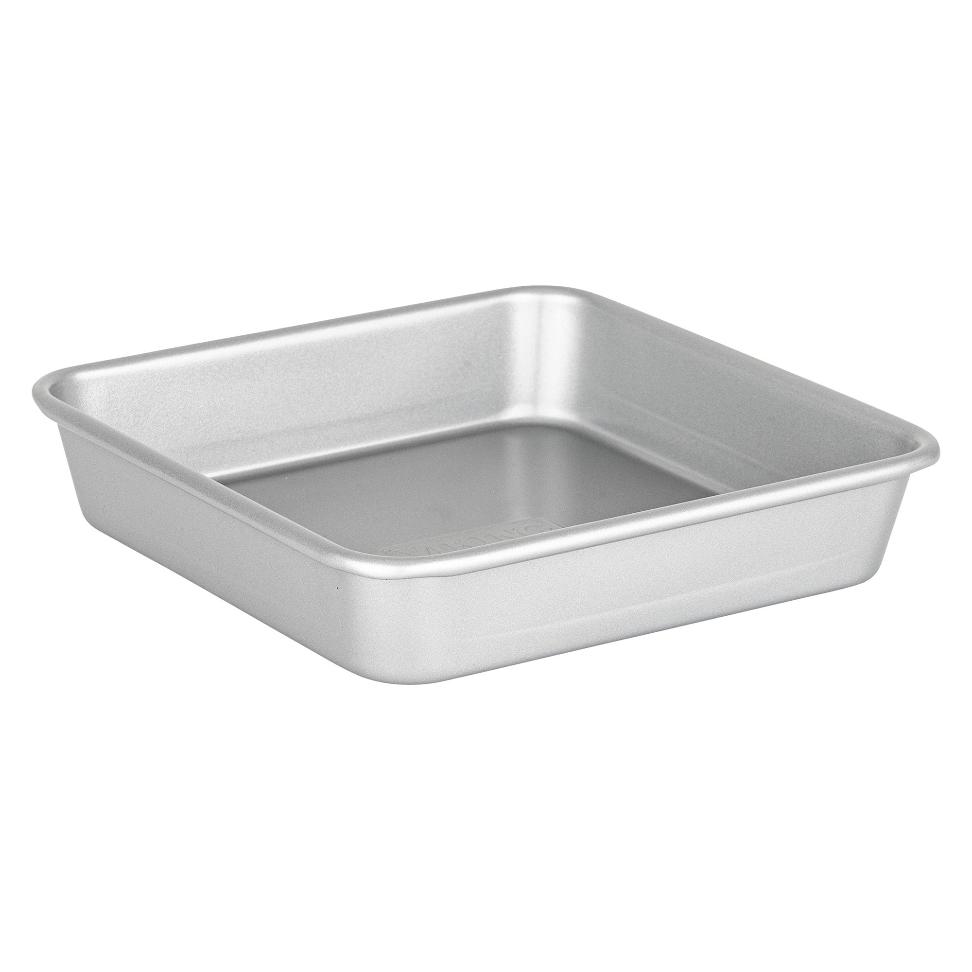 The Viking Aluminized Steel Nonstick 9-inch Square Cake Pan by Viking Culinary Products is a silver, commercial-grade pan with slightly rounded corners and straight sides, shown on a white background.