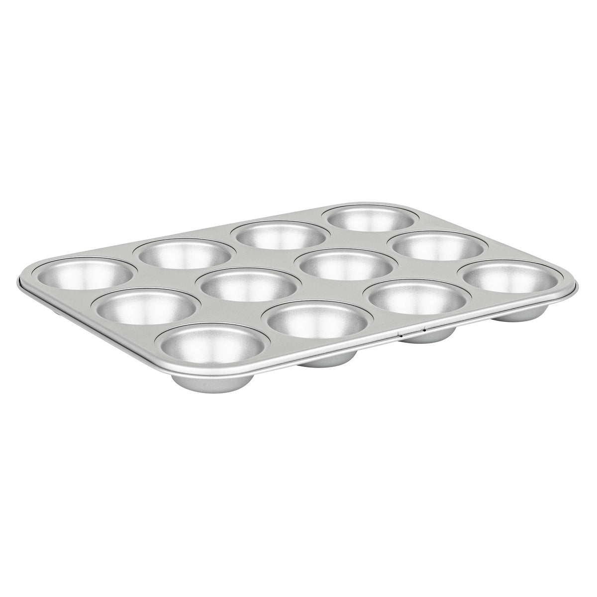 The Viking Aluminized Steel Nonstick 12-Cup Muffin Pan by Viking Culinary Products features twelve round cups and is ideal for baking muffins or cupcakes. The pan is pictured angled on a white background.