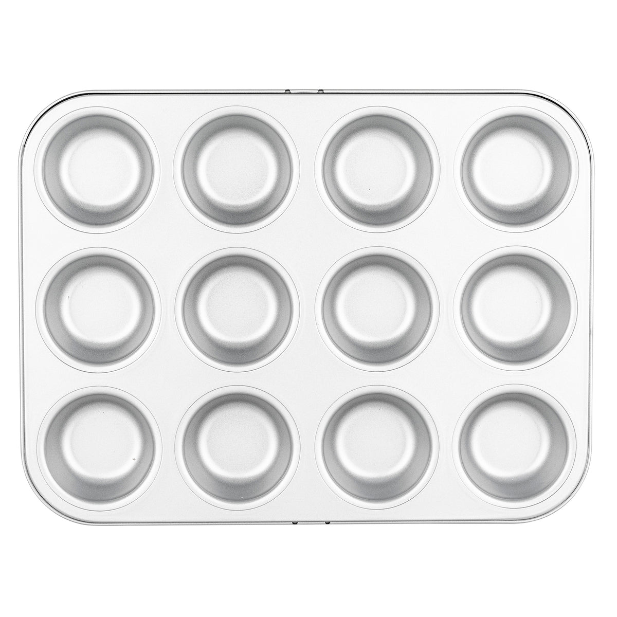 The Viking Aluminized Steel Nonstick 12-Cup Muffin Pan by Viking Culinary Products features empty, silver molds in a 3x4 grid, shown from above—a must-have bakeware essential.