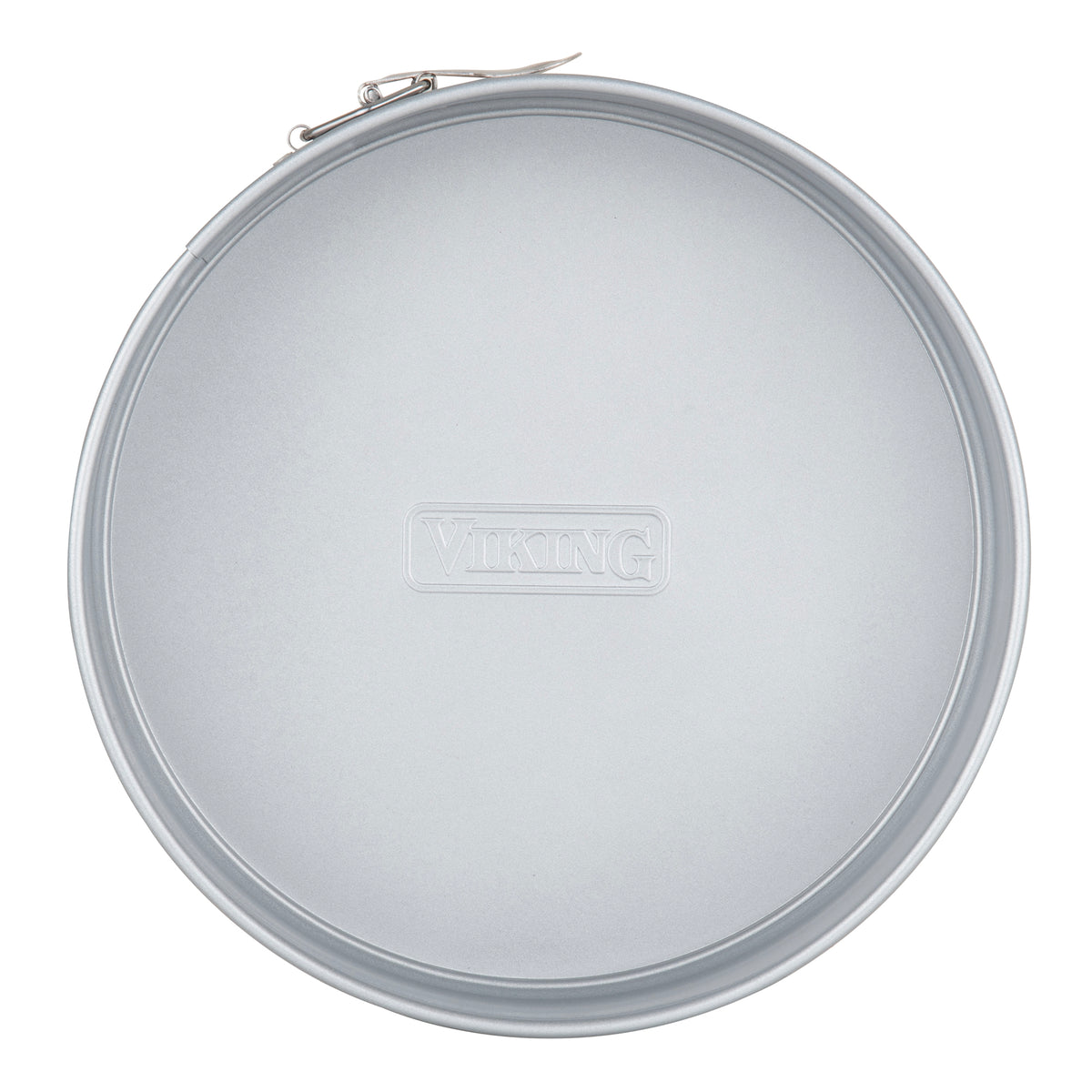 The Viking Culinary Products Aluminized Steel Nonstick 9-inch Springform Pan features a round, silver design with a side latch and "Viking" embossed on the base, shown from above against a white background.