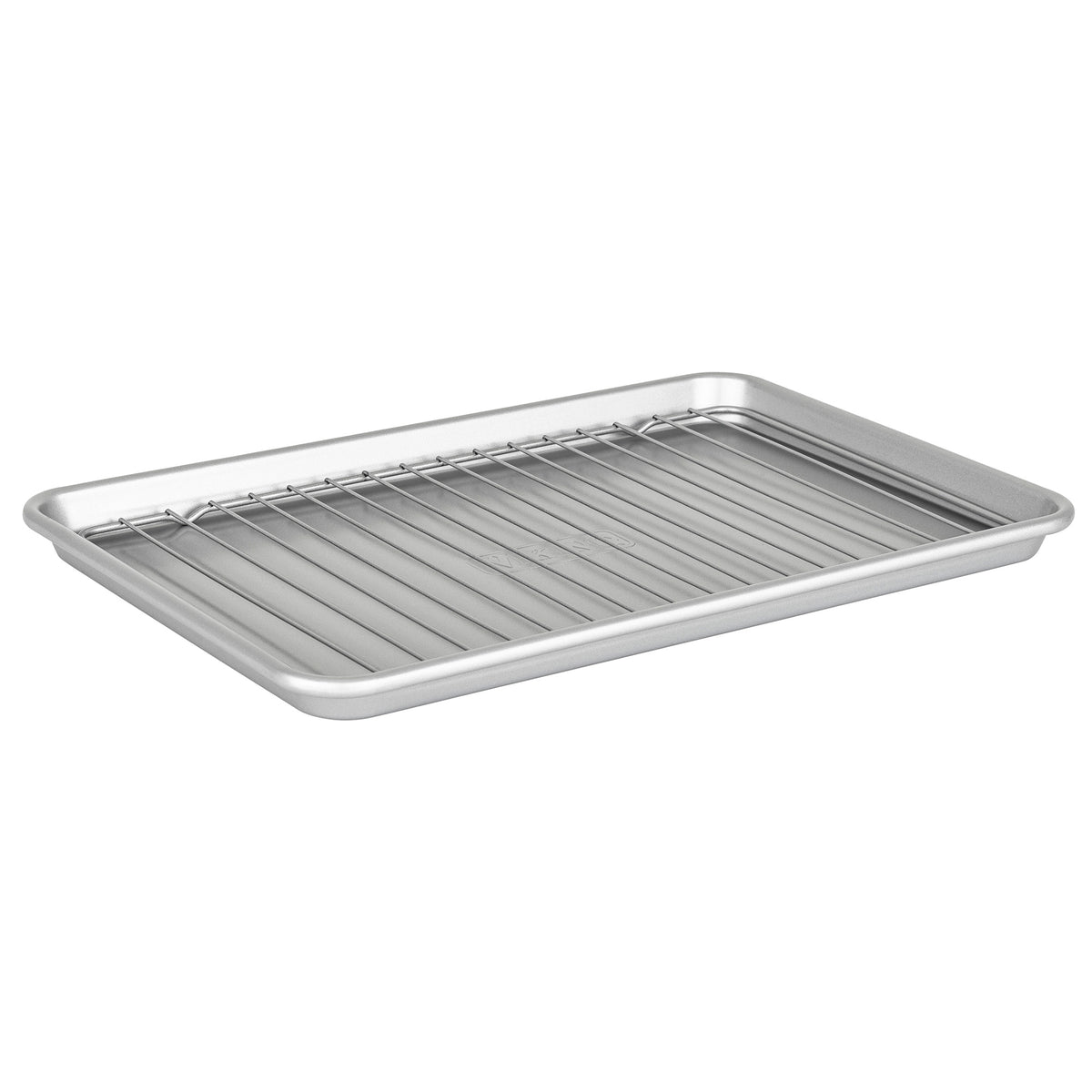 The Viking Aluminized Steel Nonstick 15-inch Baking Sheet with Rack by Viking Culinary Products features a rectangular silver baking sheet and matching cooling rack, both displayed on a white background.
